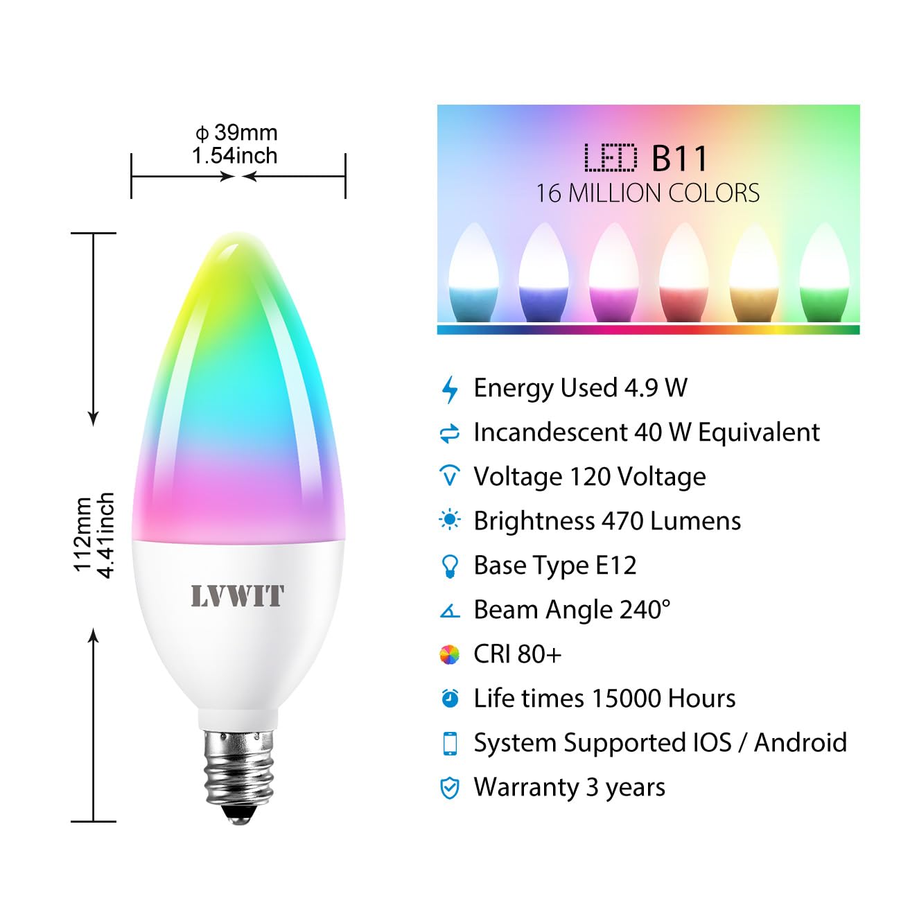 Lvwit Smart Light Bulb, Wifi Chandelier Led Bulb, E12 Base, 4.9W, 470Lm, 4Pk, Color Changing, Dimmable, Compatible With Alexa, G