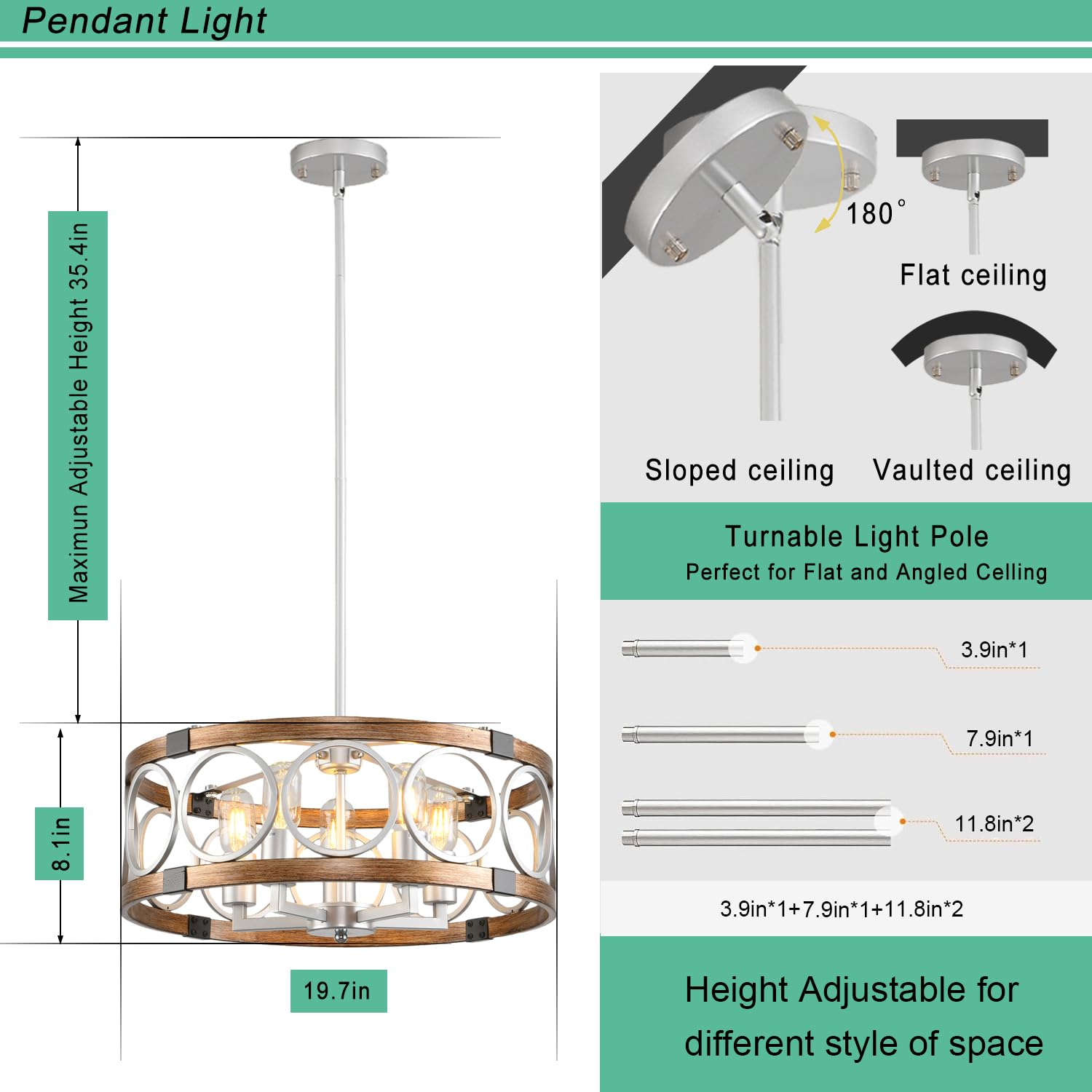 SHIANDAR Flush Mount Ceiling Light, 5-Light Silver Drum Chandelier, Modern Farmhouse Pendant for Kitchen, Model TYdk-mw All240206