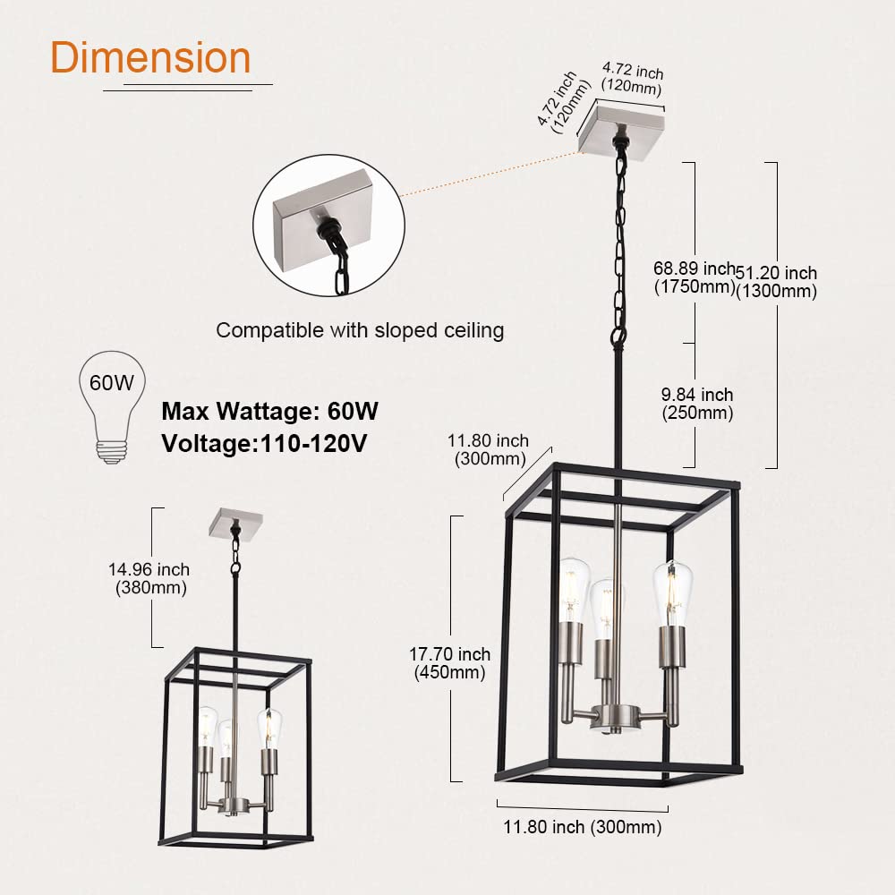 VINLUZ 3 Light Lantern Pendant Lighting, Black & Brushed Nickel, Industrial Chandelier for Kitchen Island, Model 270-3BS