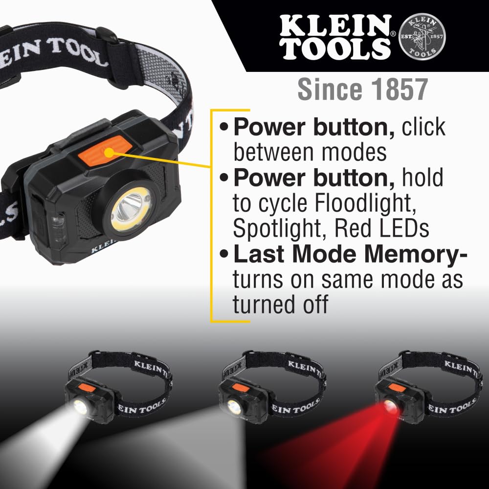 Klein Tools 56414 Rechargeable LED Headlamp, 800 Lumens, Spotlight & Floodlight, Fabric Strap, White
