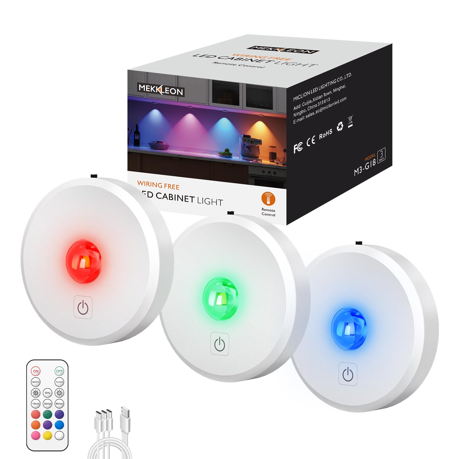 RGB Puck Lights with Remote Control, 2000mAh Battery Operated Tap Lights Rechargeable, 9 Colors & 2 Dynamic Changing Under Cabin