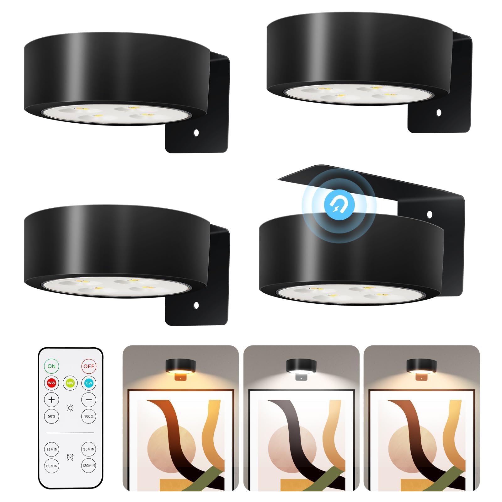 Ttq 4Pcs Magnetic Picture Lights Batteries Operated Painting Light With Telecontrol And Dimmable Timer,Black Art Display Light Wireless Walls Decor Puck Lights For Picture Frame Artworking Portraits