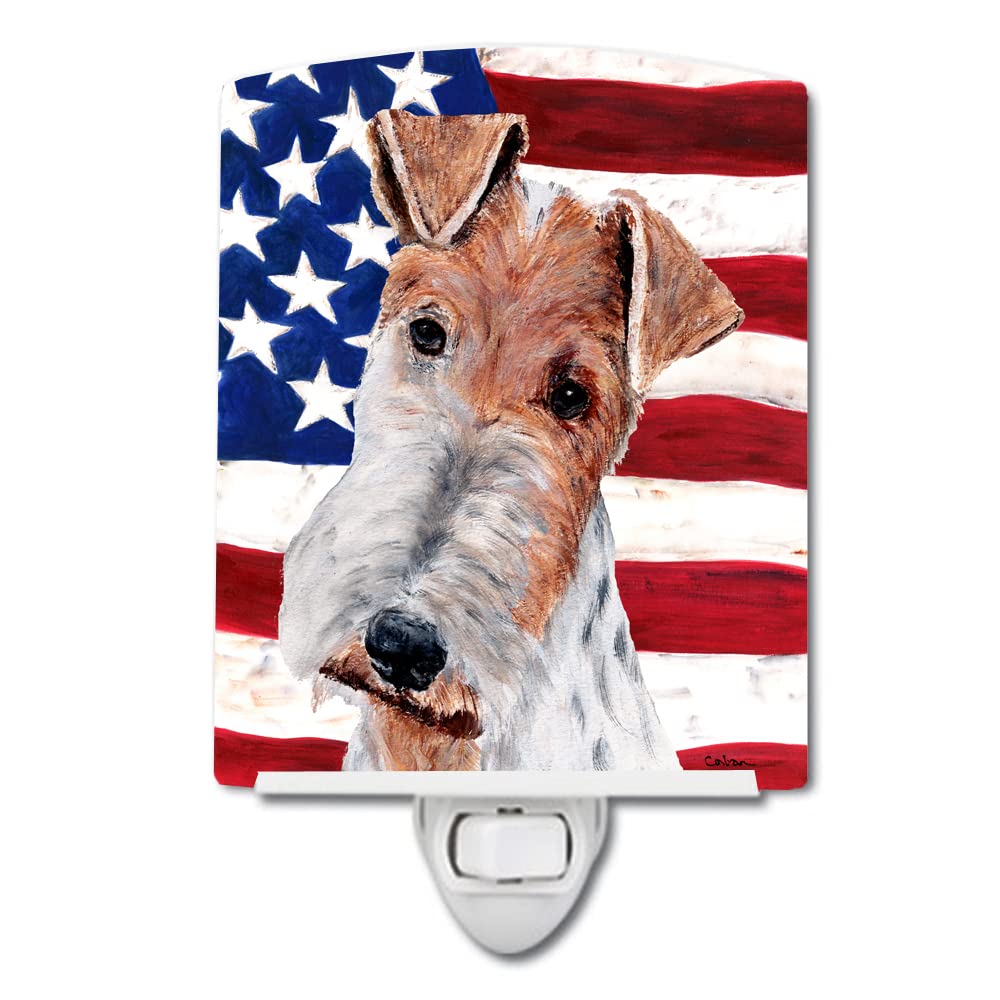 Carolines Treasures Ceramic Night Light, Wire Fox Terrier with American Flag, 6x4x3in, Multicolor, Model SC9628CNL