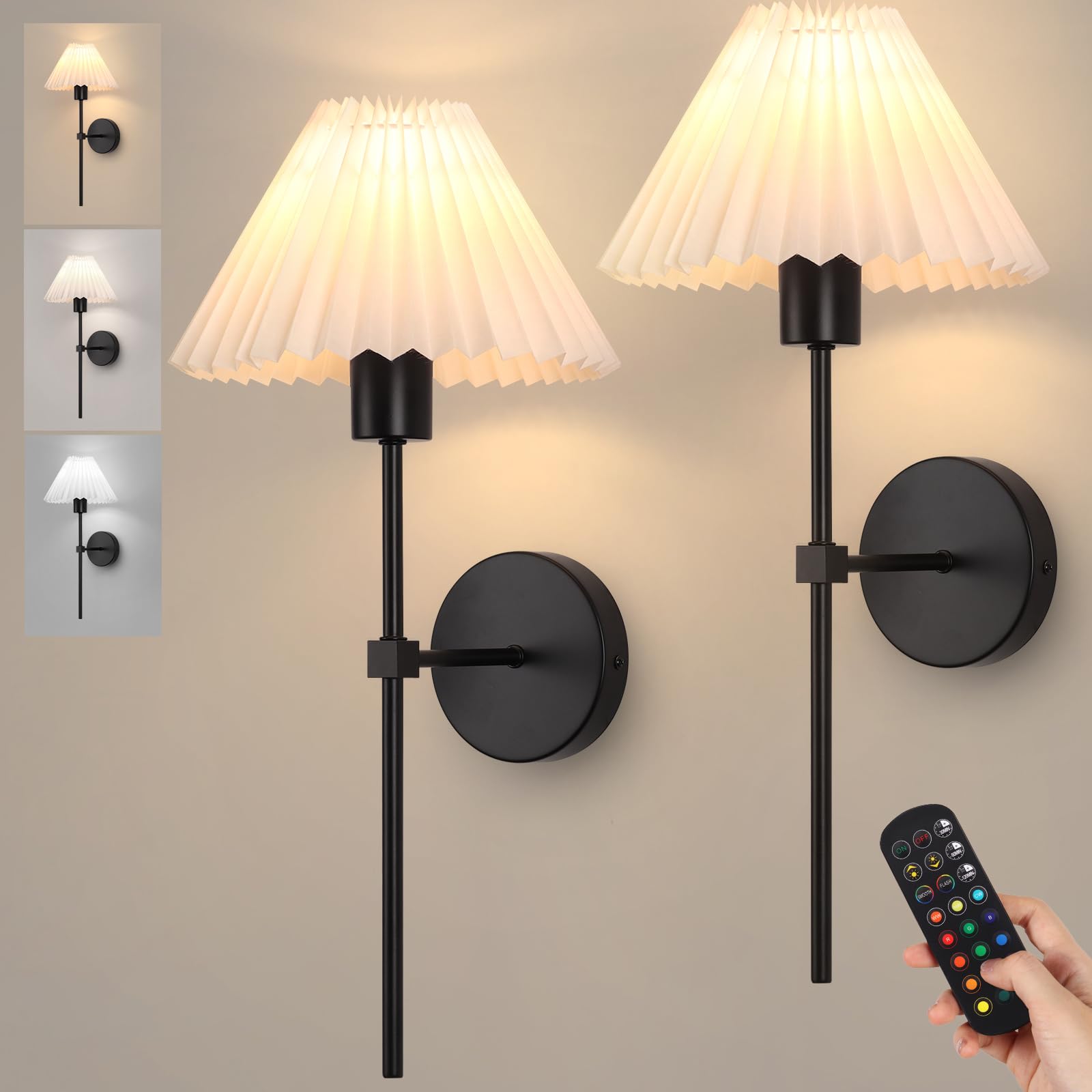 Rechargeable Battery Operated Wall Sconces Sets of 2, 15 Colors Wireless Wall Sconce, Black Wall Lights Fixture with Dimmable Bu