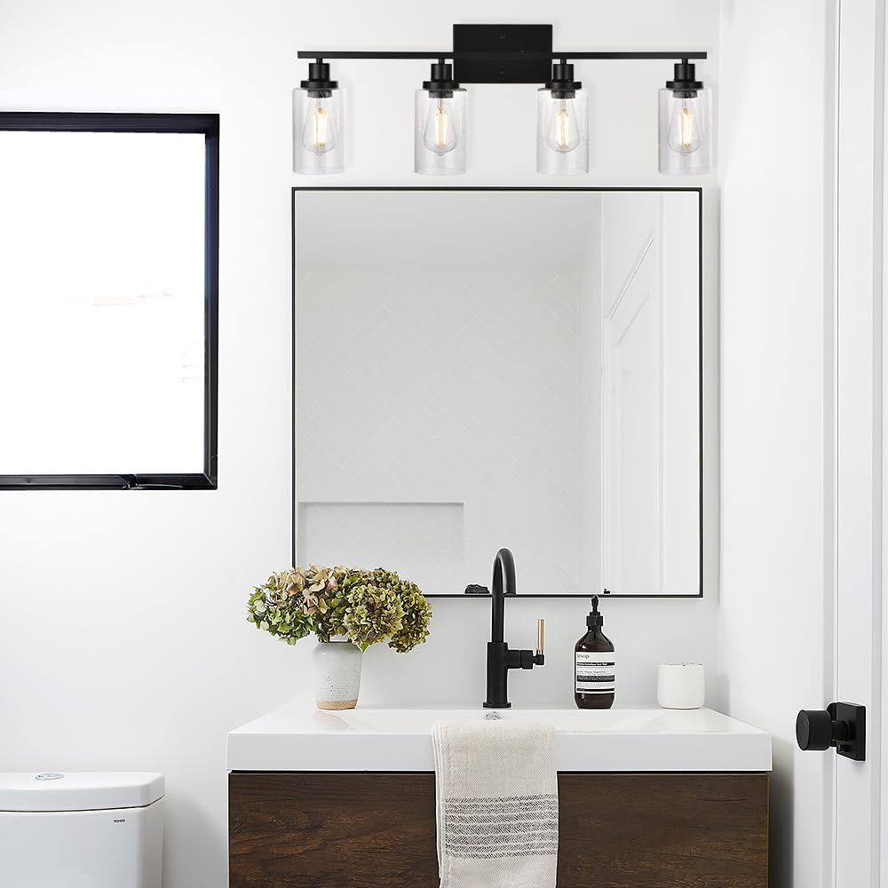 Winshen Black 4-Light Bathroom Light Fixtures With Seeded Glass Shade, 31-Inches Length Farmhouse Vanity Lights Over Mirror For