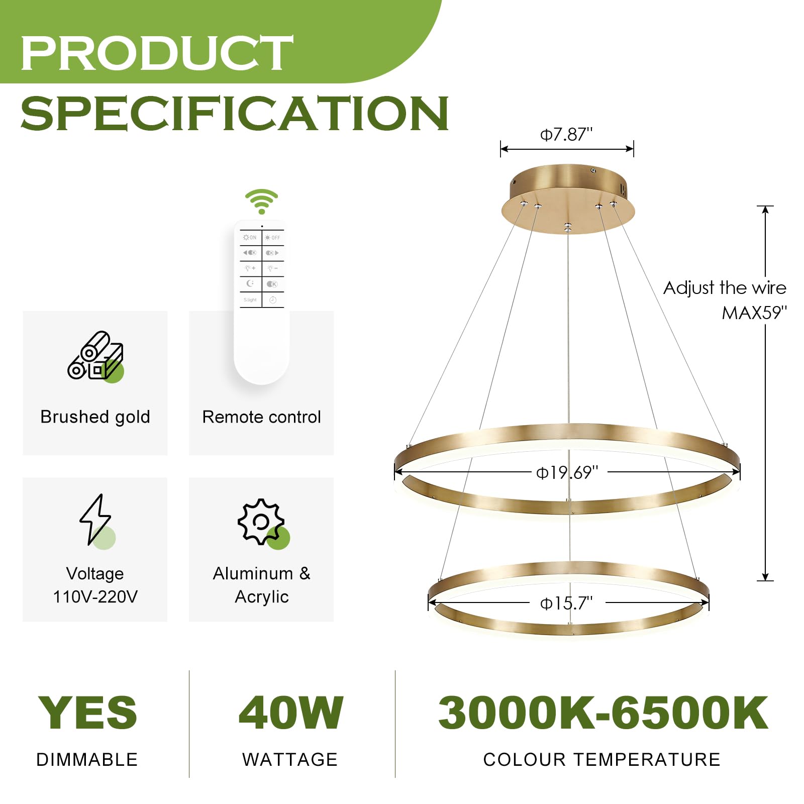 Benkut 2-Rings Modern Led Chandelier Gold For Dining Room, Circular Flush Mount Ceiling Chandelier Light Dimmable Pendant Light With Remote Control For Living Room Entrance Foyer, 3000K-6500K