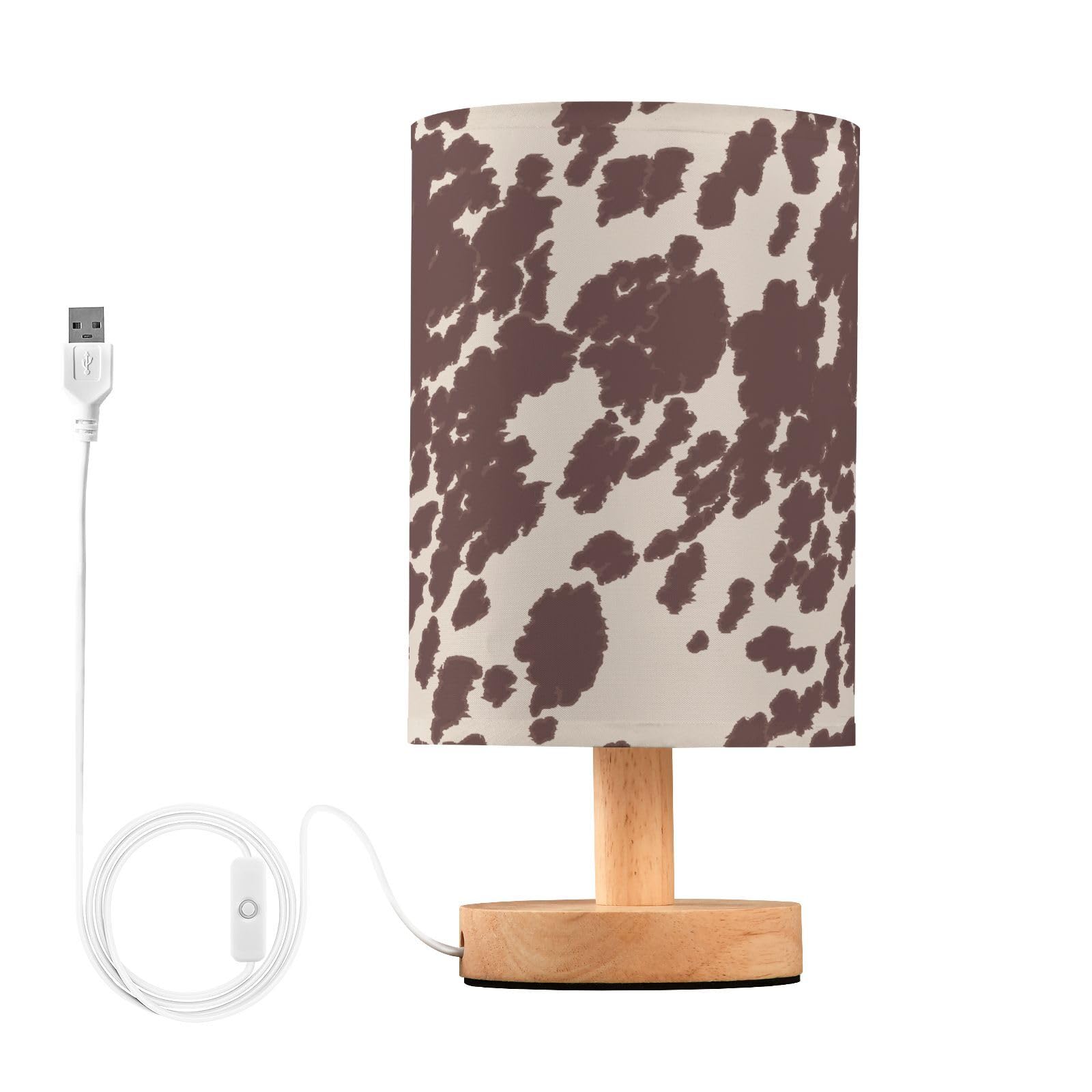 BOENLE Bedside Lamp Cow Horse Print Brown Spots Table Lamp for Bedroom LED Nightstand Lamp Shade USB Ports Wood Base for Living 