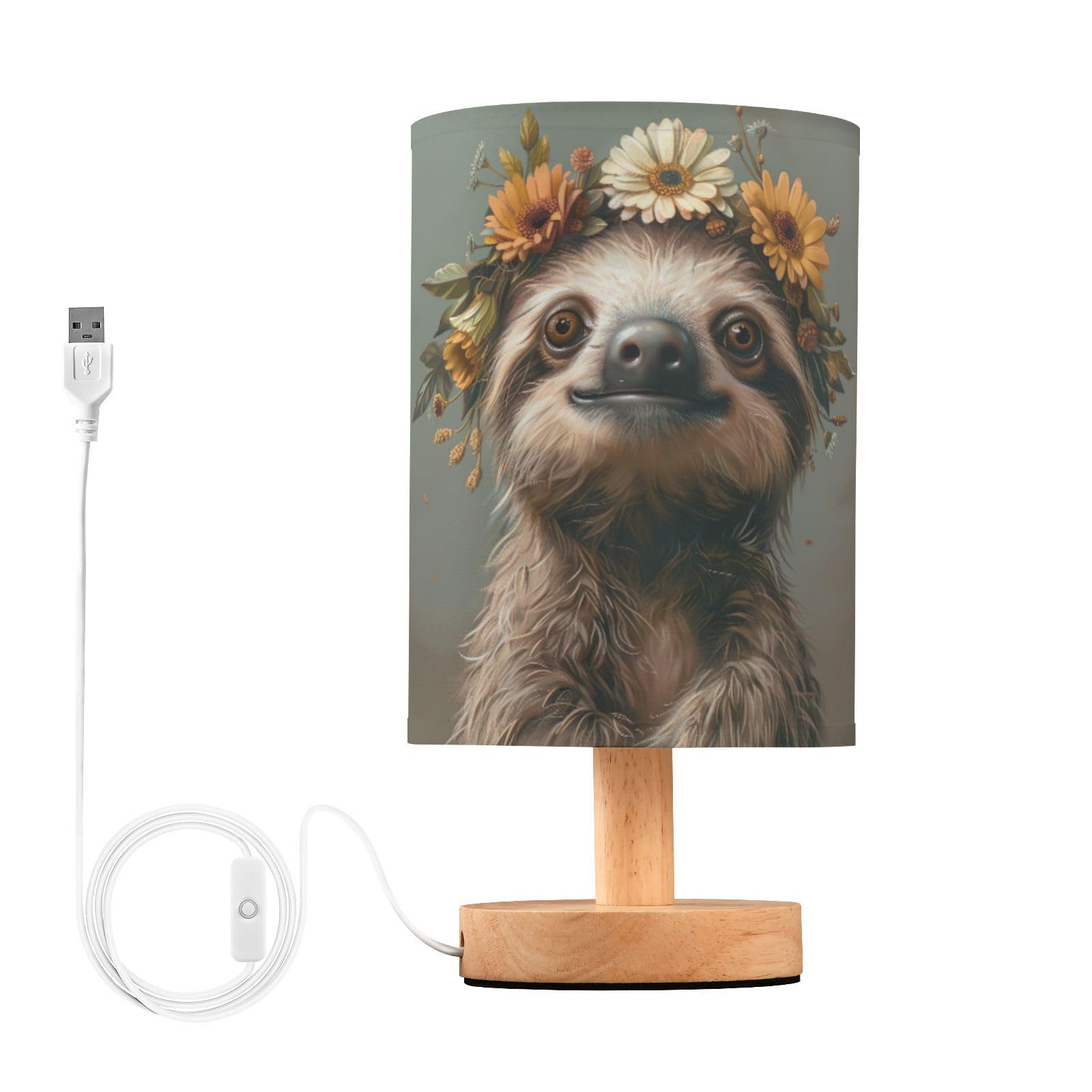 Goodold Cute Sloth Led Table Lamp - Modern Minimalist Bedside Lamp With Round Flaxen Fabric Shade For Nightstand, Perfect For Be