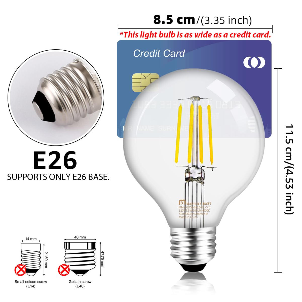 Mastery Mart G25 Globe Light Bulbs, Dimmable, E26 Base, 60W Equivalent, 5.5W Led, 5000K Daylight White, Vintage Filament For Bat
