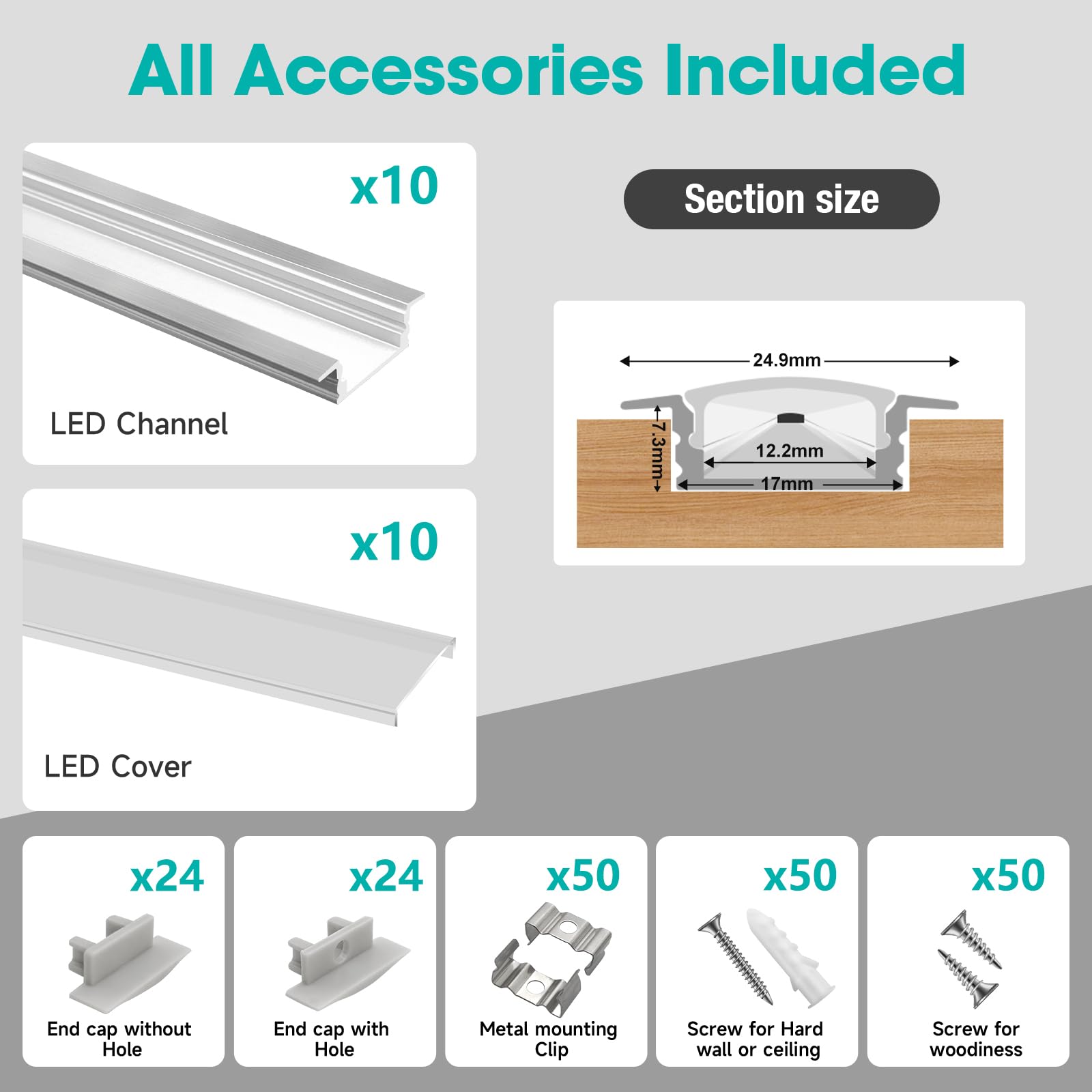 10-Pack 3.3Ft/1Meter Silver Recessed Led Aluminum Channel For Led Strip Lights Diffuser Channel With Milky Cover End Caps And Mo