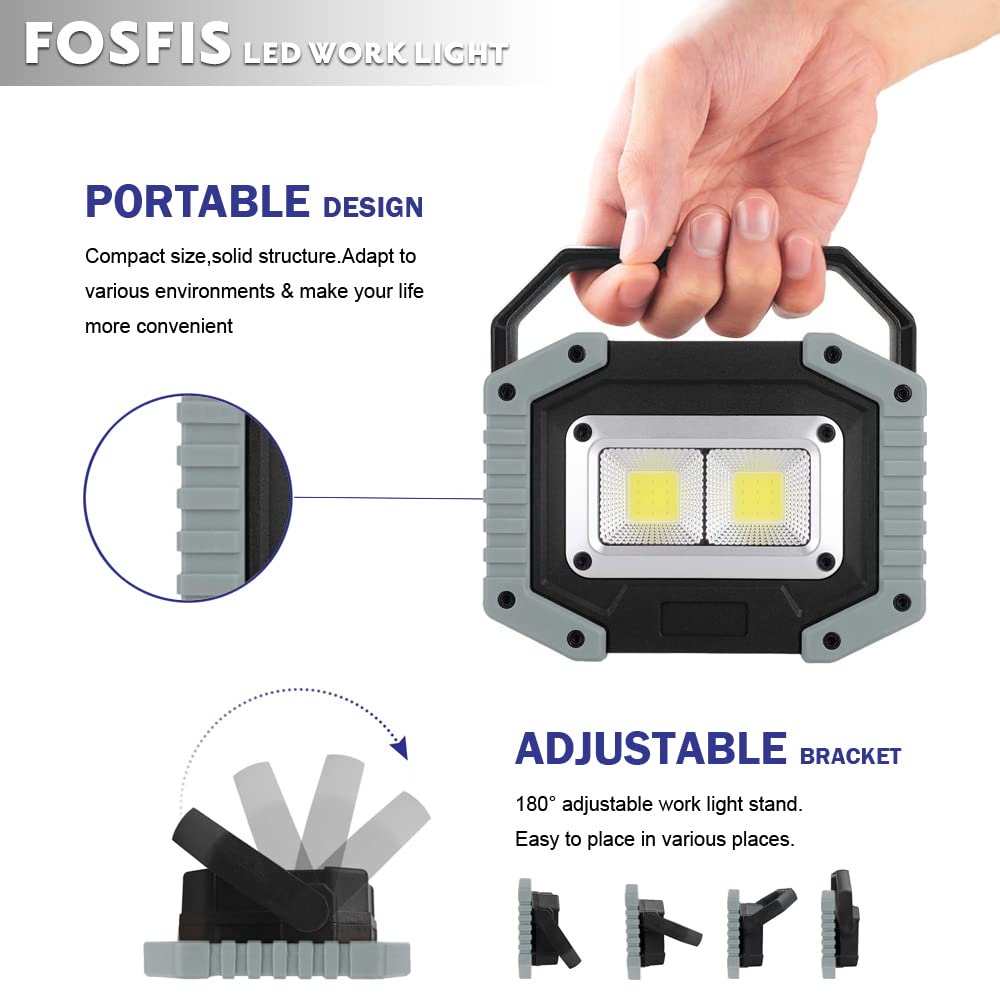 Rechargeable Work Light,Fosfis 30W 1500 Lumens Ultra Bright Portable Led Work Lights With Stand Battery Powered Flood Light For Garage Outdoor Camping Emergency And Job Site Lighting (Gray/2Pack)