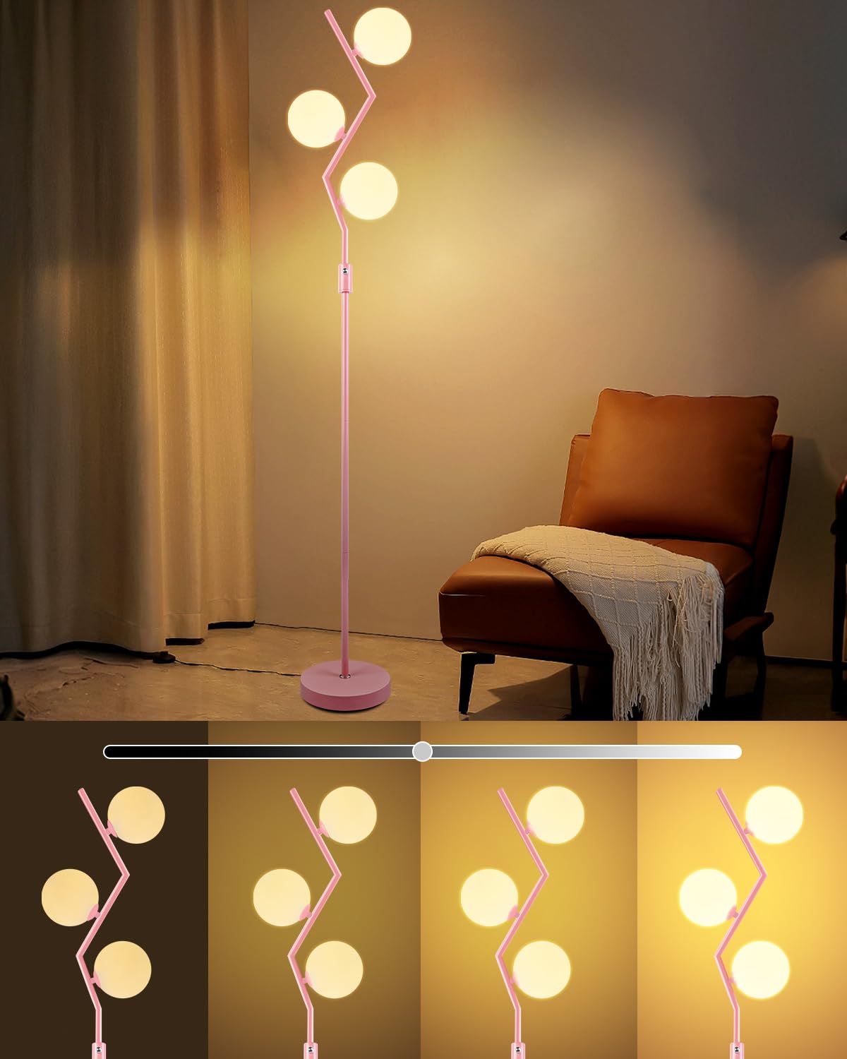 Lightdot Dimmable (Brightness Adjustable) Pink Floor Lamp, Mid Century Standing Lamps with 3 Globe Soft Warm White Eye Care 3000