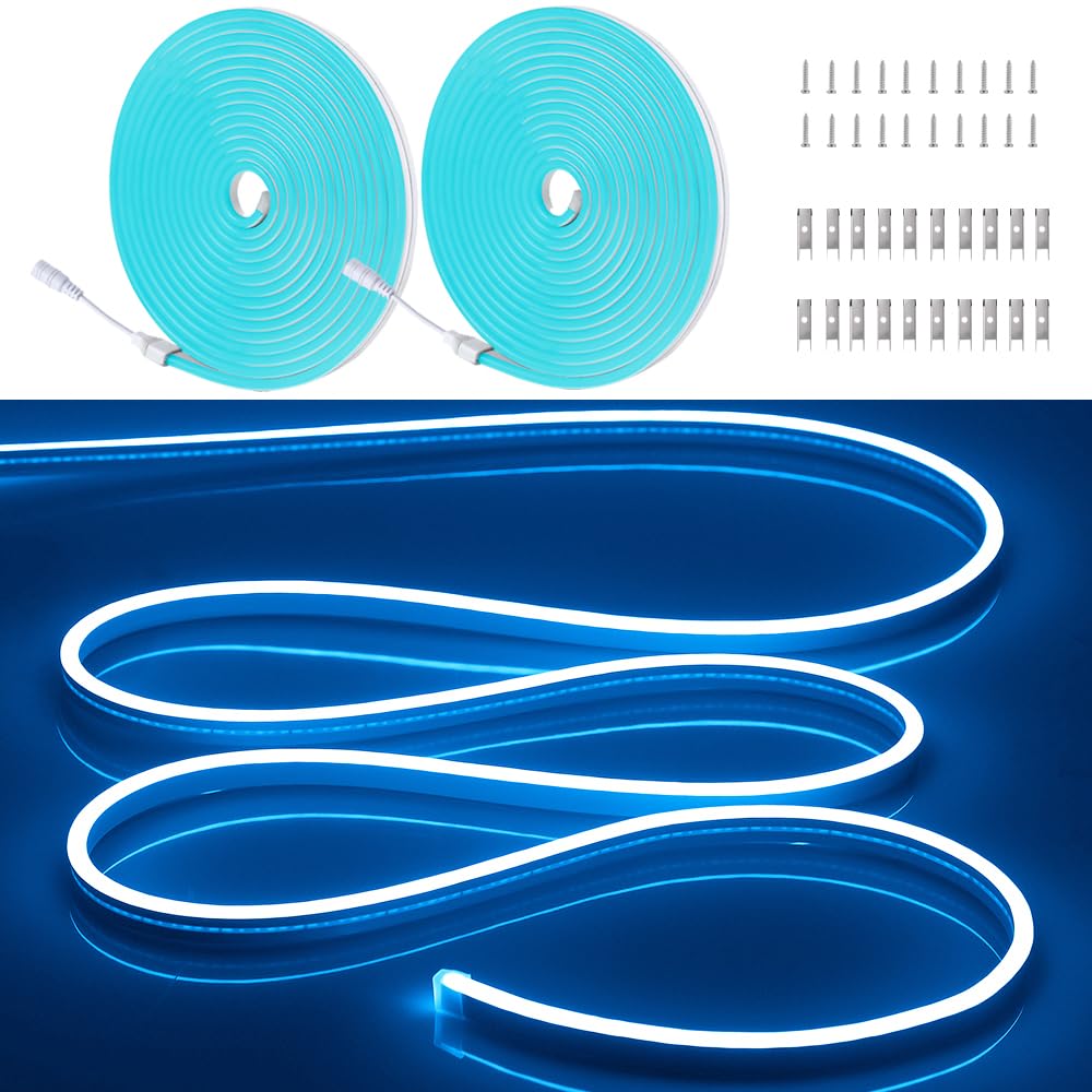 OWOFYDR 2PCS/10M/32.8FT/Ice Blue LED Rope Light - Flexible and Waterproof 12V Neon Strip with Mounting Accessories for Creative 