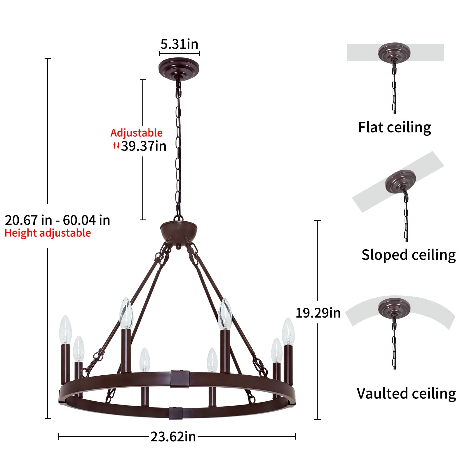Rviezza 8 Light Wagon Wheel Chandelier, 23.6'' Oil-Rubbed Bronze Dining Room Light Fixture With Adjustable Height, Industrial Ha