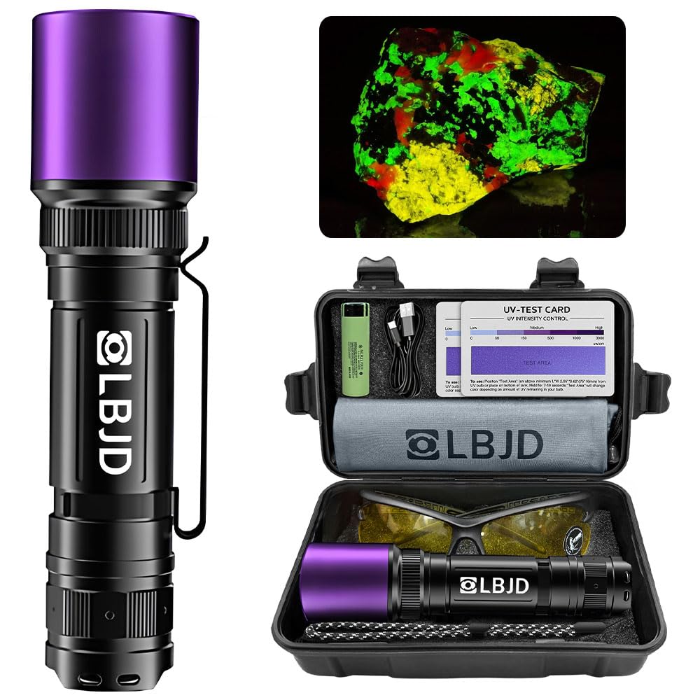 LBJD 365nm UV Black Light Flashlight with Filter-High-Power 4-Core LED, Rechargeable Ultraviolet Black Light for Pet Urine Detec