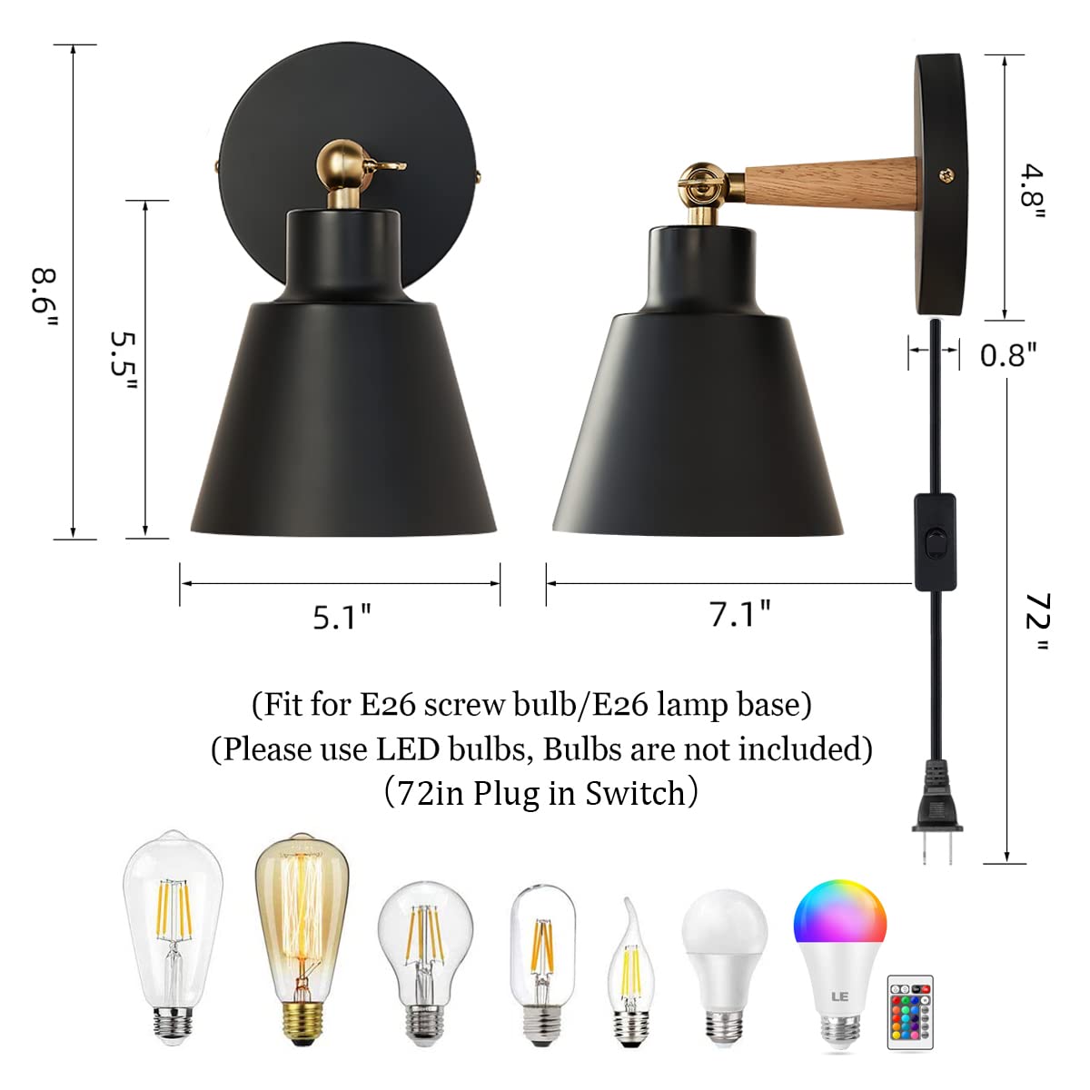 Plug in Wall Sconces Lighting Fixture Set of 2,Bedside Wall Light for Industrial Bedroom, Wall Mounted Lamp for Bathroom Hallway
