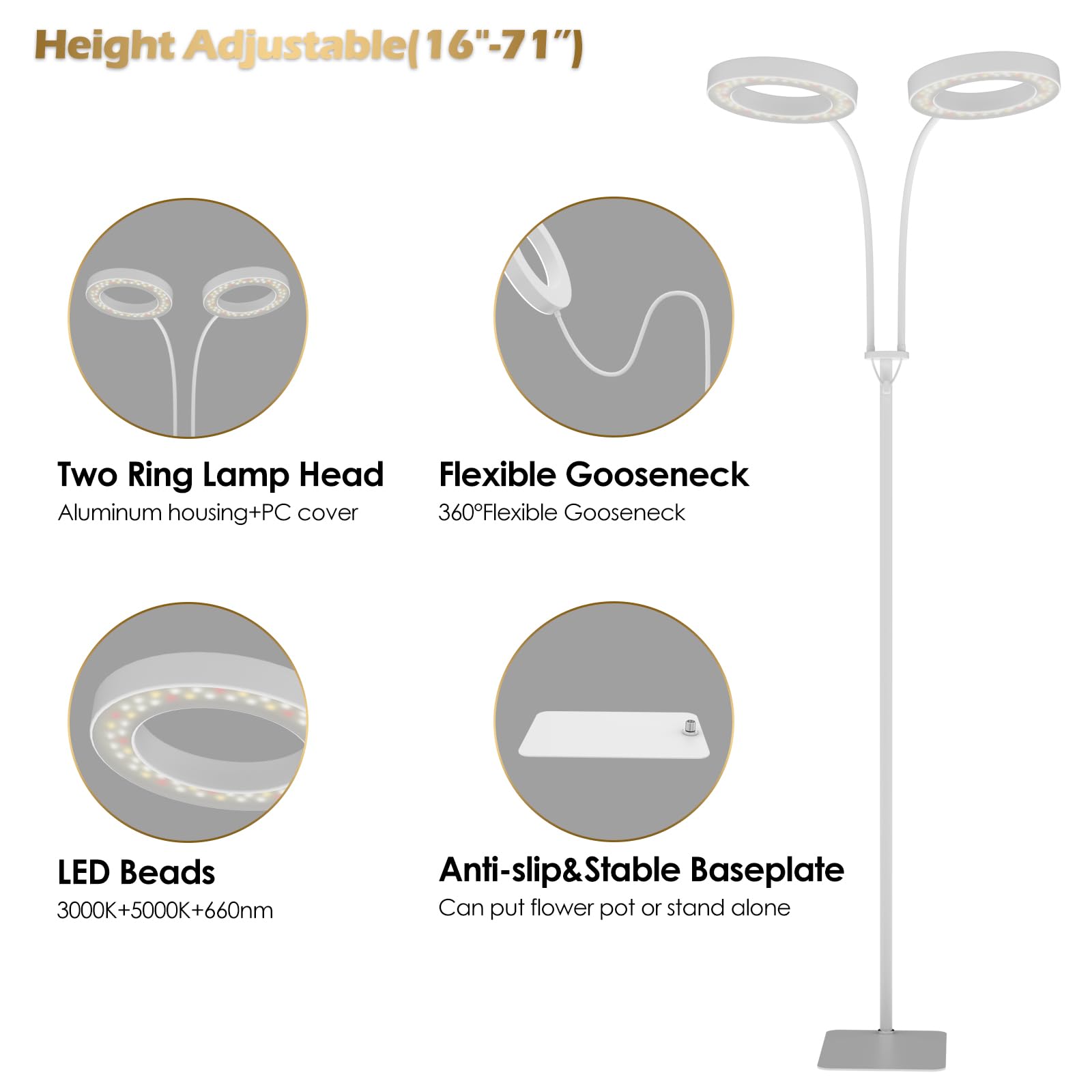 Glowrium Grow Light With Stand,2-Head Led Plant Light For Indoor Plants, Full Spectrum Grow Lamp, 3/9/12H Timer, 6 Dimmable Levels, 3 Lighting Mode, Adjustable Height White