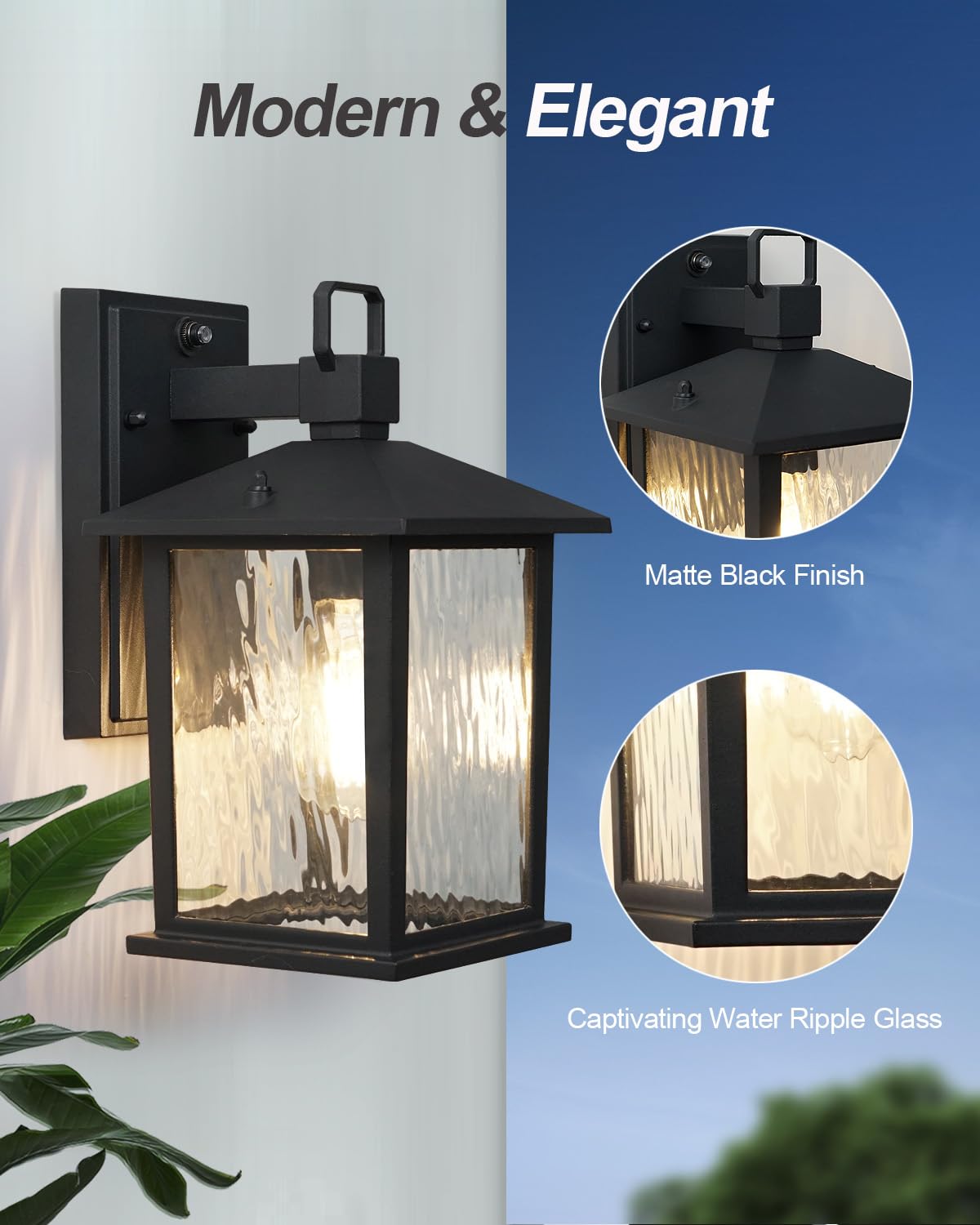 ZILLSEA Dusk to Dawn Outdoor Light Fixture, 12" Matte Black Wall Lantern with Water Ripple Glass, Waterproof, Model A0501P1