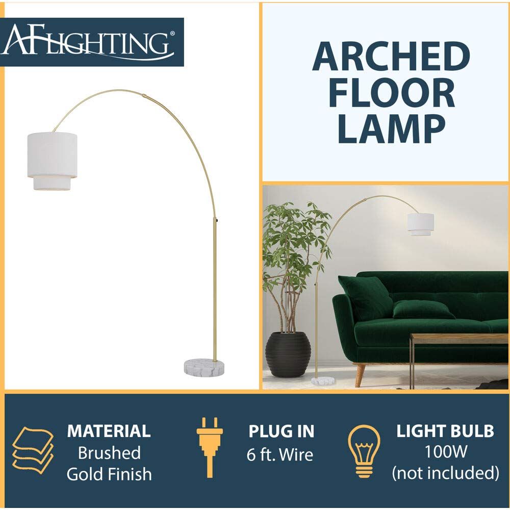 AF Lighting Orb Adjustable Plug-in Floor Lamp with Online Foot Switch, Marble Base and Brushed Gold Metal Globe Shade for Home o