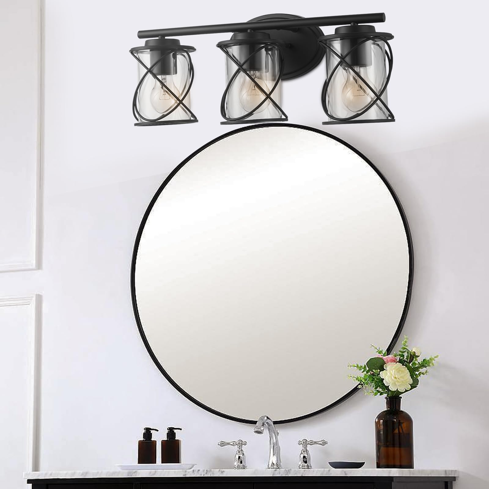 mavcadonf 3-Lights Bathroom Vanity Lights  Bathroom Light Fixtures Over Mirror  Matte Black Vanity Light  Farmhouse Wall Lights with Clear Glass Shade  Bathroom Wall Lamp for Mirror Kitchen Bedroom