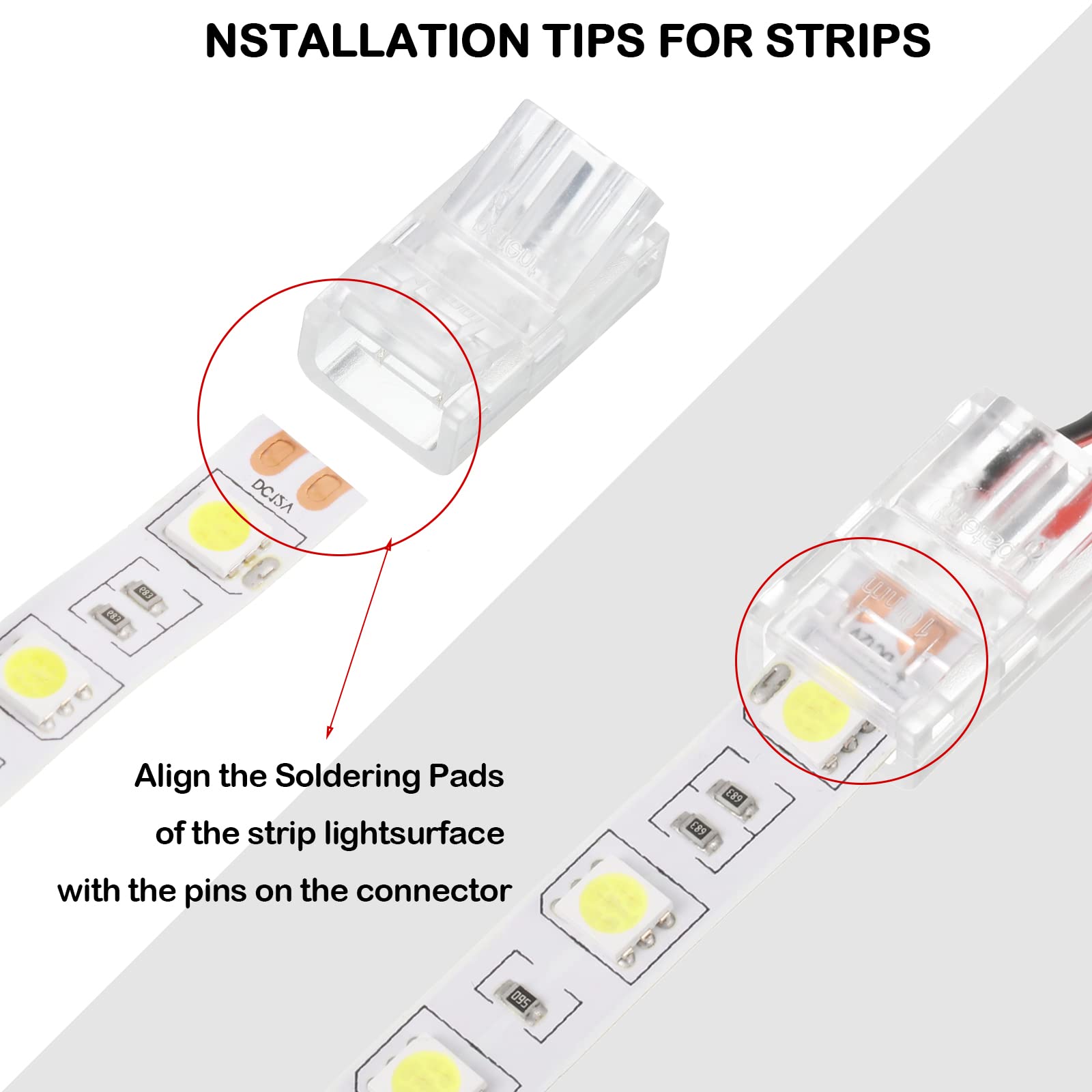 Flutesan RGB LED Light Strip Connectors, Waterproof, 2 Pin, 8 mm, Transparent, Solderless
