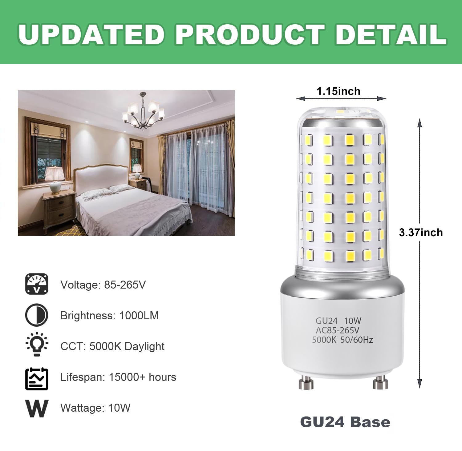 XRZT GU24 LED Light Bulb - Daylight White 5000K, Twist and Lock Base, Non-Dimmable, 2-Pack, Plastic