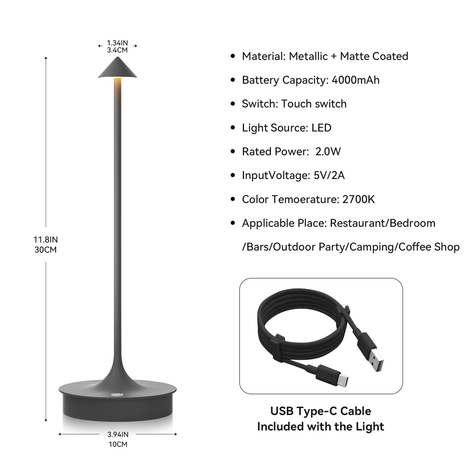 JICAI Cordless Table Lamp Set of 2, Rechargeable 4000mAh LED, Dimmable, Waterproof, Gray, Model ALD9537GY22
