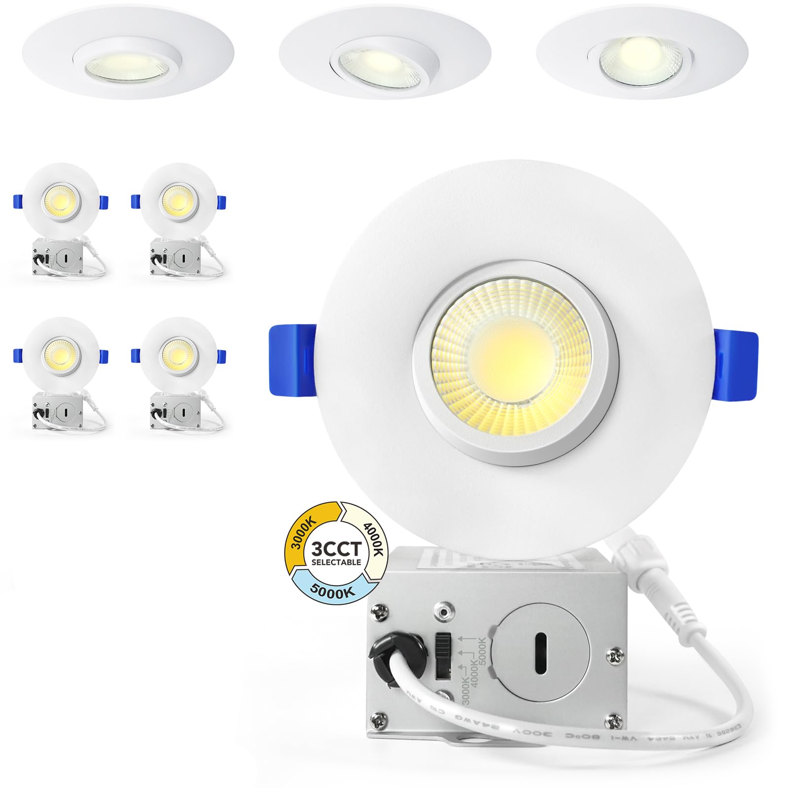 LTpro 3 Inch Gimbal LED Recessed Lights, 10W, Dimmable, 5 CCT 2700K-6000K, Waterproof, Aluminum, 4 Pack