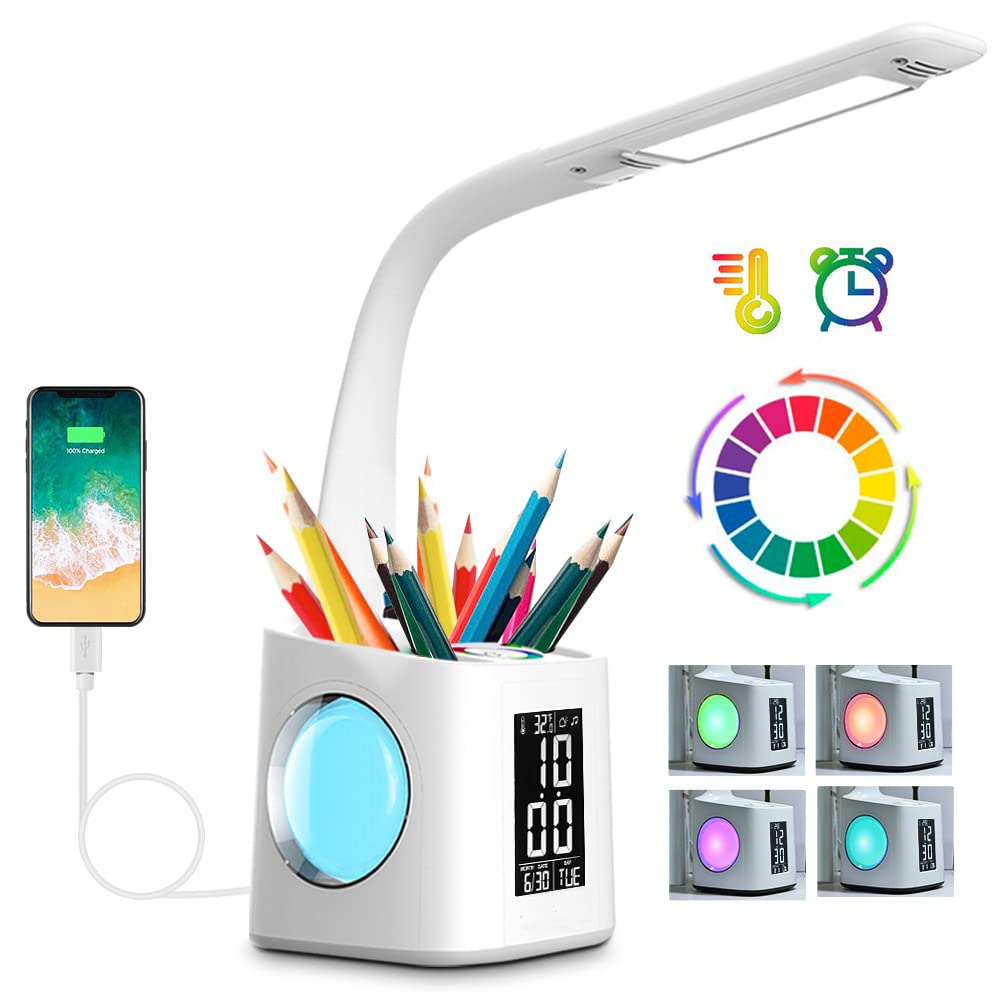 wanjiaone LED Desk Lamp with Clock,Color Changing Nightlight,Study Lamp with Pen Holder,Desk Light with USB Charger,Table Light