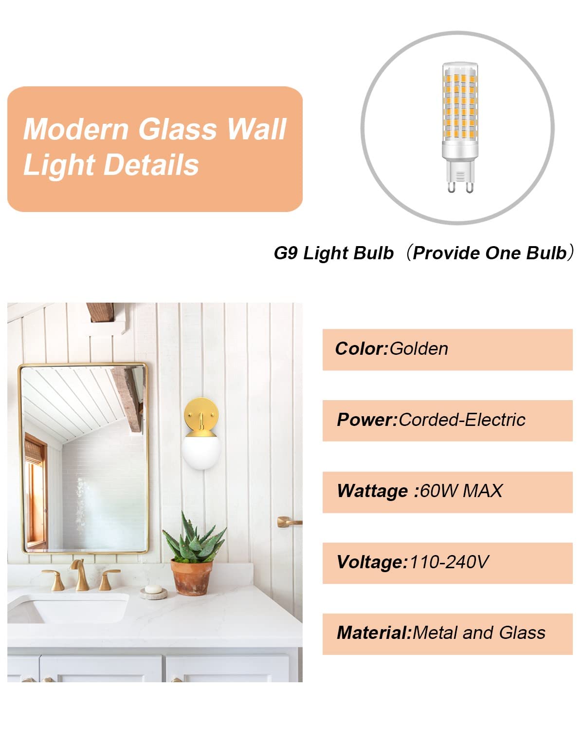 Tipace Gold Wall Sconce 1 Light, Mid Century Modern, 3000K G9 Bulb Included, Model 020