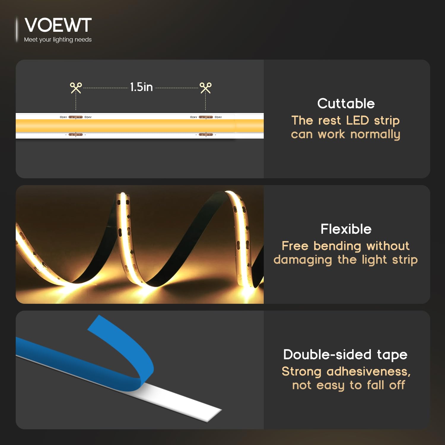 Voewt Cob Led Strip Lights Warm White 3000K,16.4Ft 24V High Cri 95Ra+ Super Bright,Flexible Tape Lights For Bedroom,Mirror,Kitch