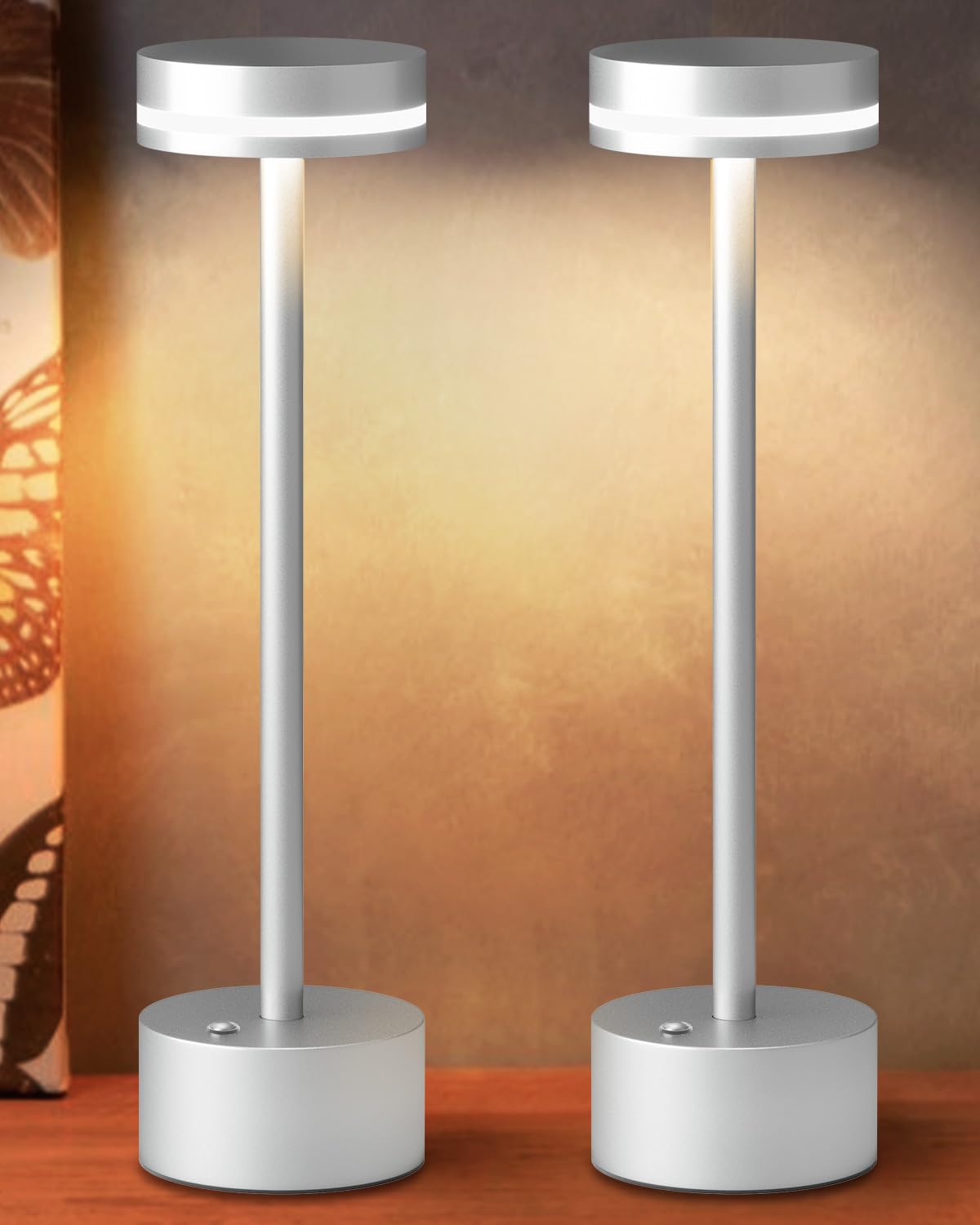 FUNTAPHANTA Modern Cordless Table Lamp - 2 Pack, Rechargeable, 3000K LED, Silver, Model XFXGZX-2P