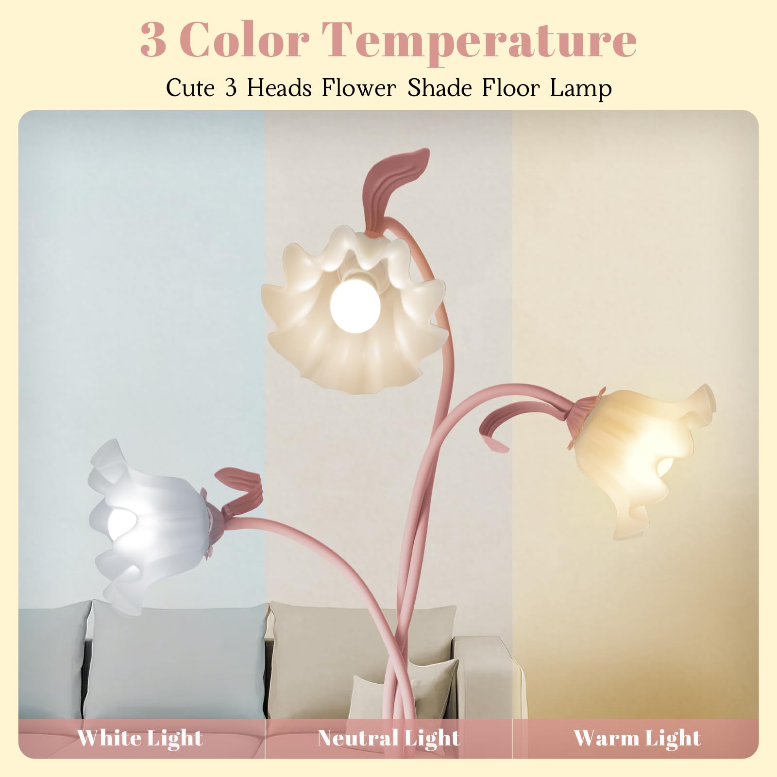 Larnix Flower Standing Lamp, Pink, Large, Flexible Gooseneck, 3 Light Floor Reading Lamp with Bulbs Included, Model HLDD-1-2