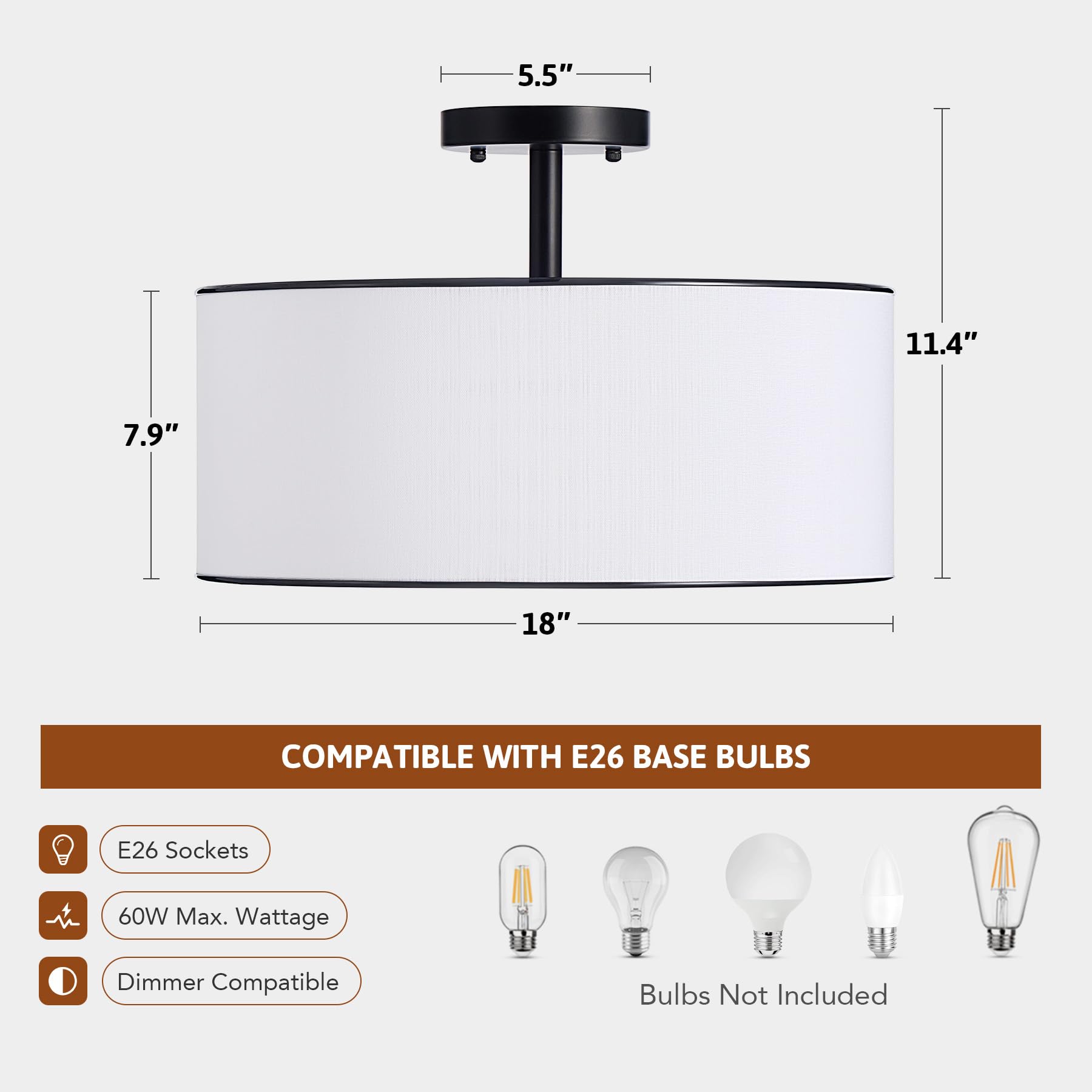 Vonluce Semi Flush Mount Ceiling Light, 18'' Ceiling Light Fixture With Diffused Shaped, 3-Light Modern Drum Light Fixture For B