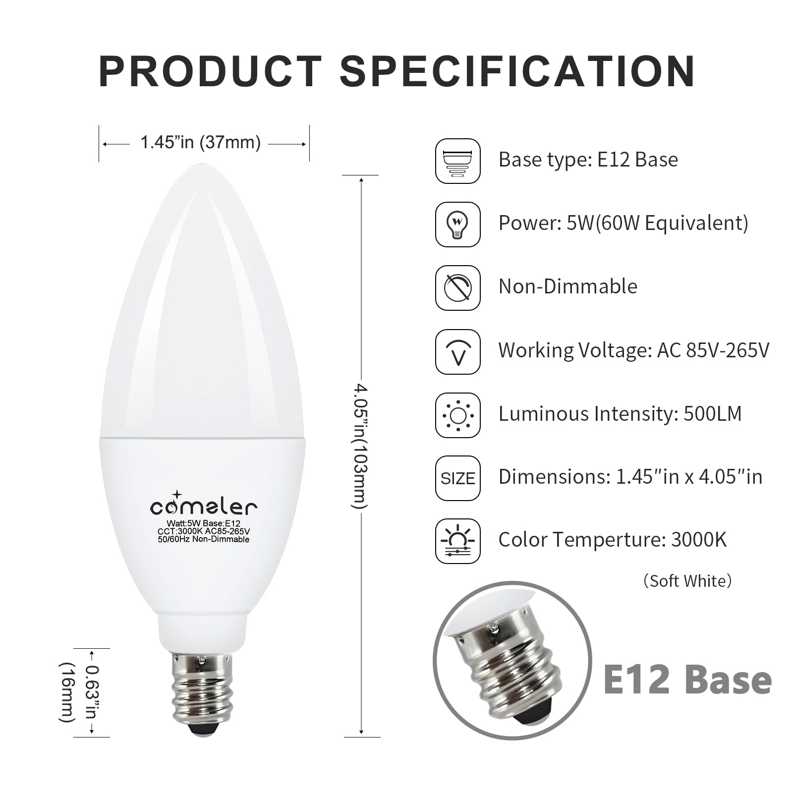 Comzler E12 Led Candelabra Bulbs, B11 Ceiling Fan Light Bulbs, 5 Watt 60 Watt Equivalent 3000K Soft White Chandelier Light Bulbs