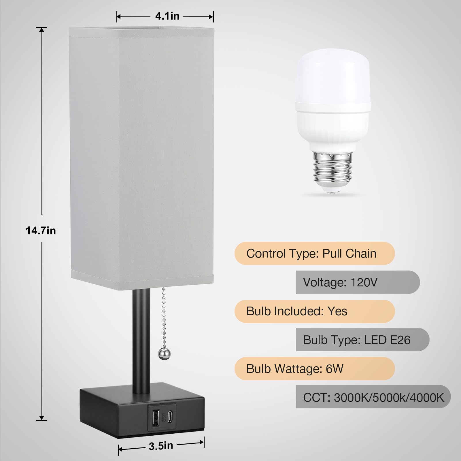 Gray Small Bedroom Lamp - 3 Color Temperature 3000K 5000K 4000K Bedside Lamp, Pull Chain Control, Usb A And C Charging Ports, Black Base, For Kids Office Dorm, Bulb Included