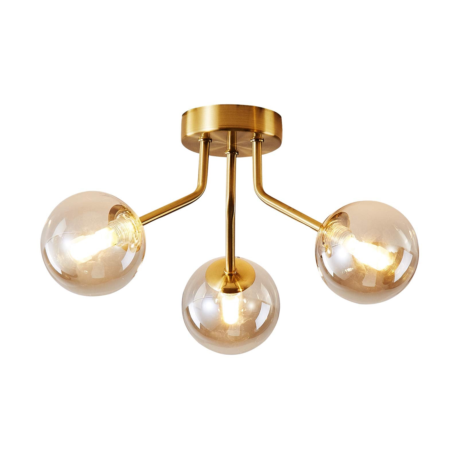 Modern Sputnik Chandeliers 3 Light Gold Semi Flush Mount Ceiling Light Fixture Pendant Lamps Bulbs with Glass Globe Lighting for