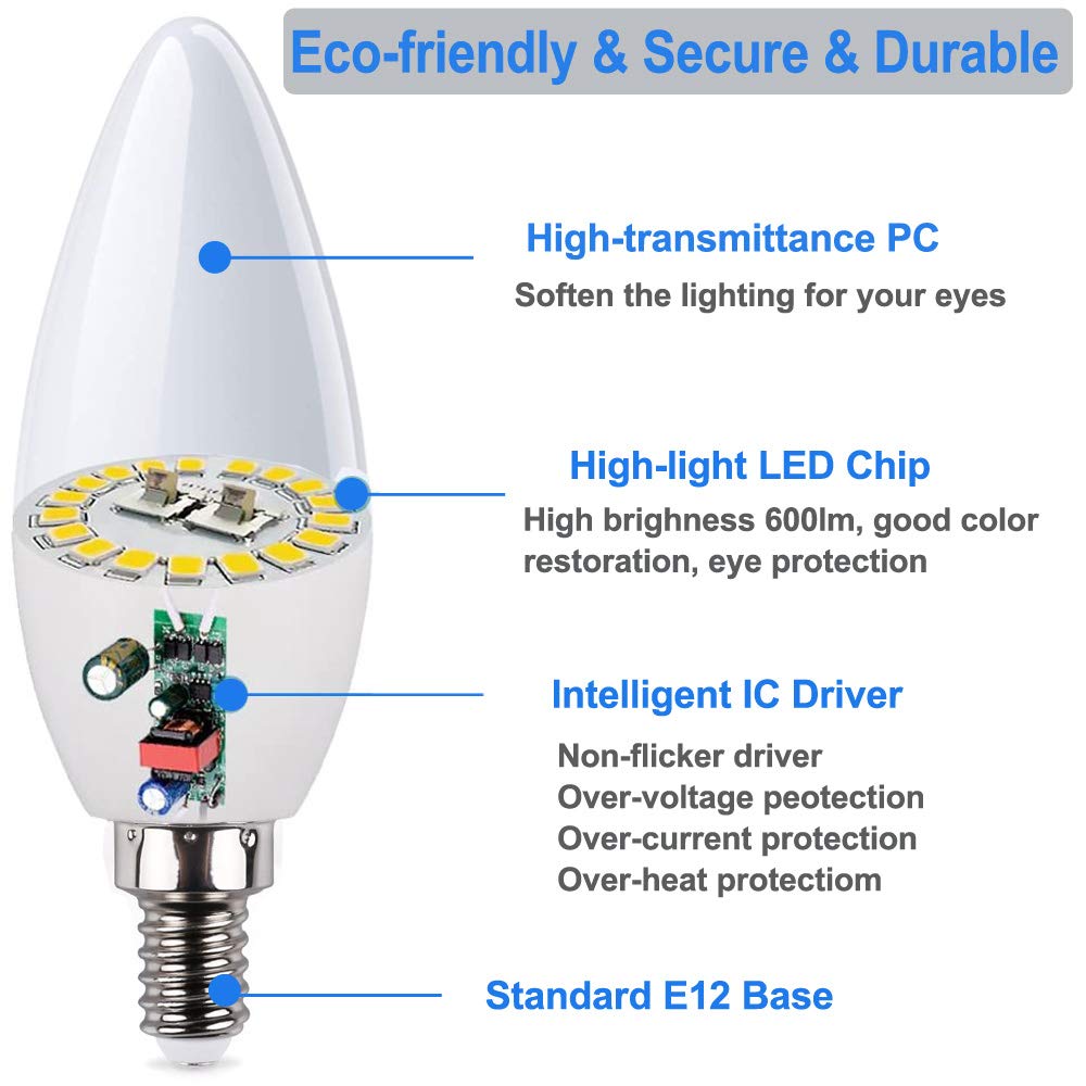 Vinaco E12 LED Bulb 60W 5000K Daylight White 2 Pack Candelabra Base 600LM