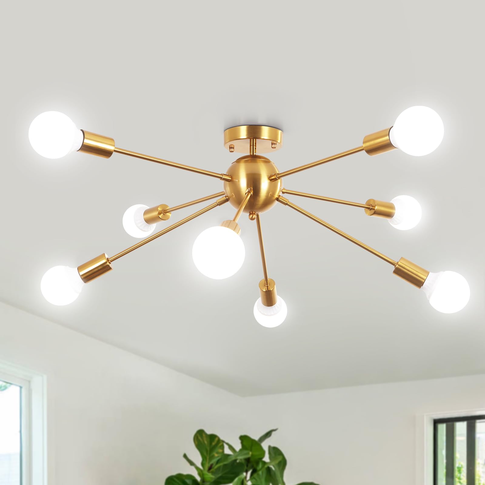 Kostomo 8 Light Sputnik Ceiling Light Brushed Gold Chandelier Brass Rustic Semi Flush Mount Ceiling Light Modern Kitchen Light Fixtures Chandeliers For Dining Room Bedroom Kitchen Ceiling Light