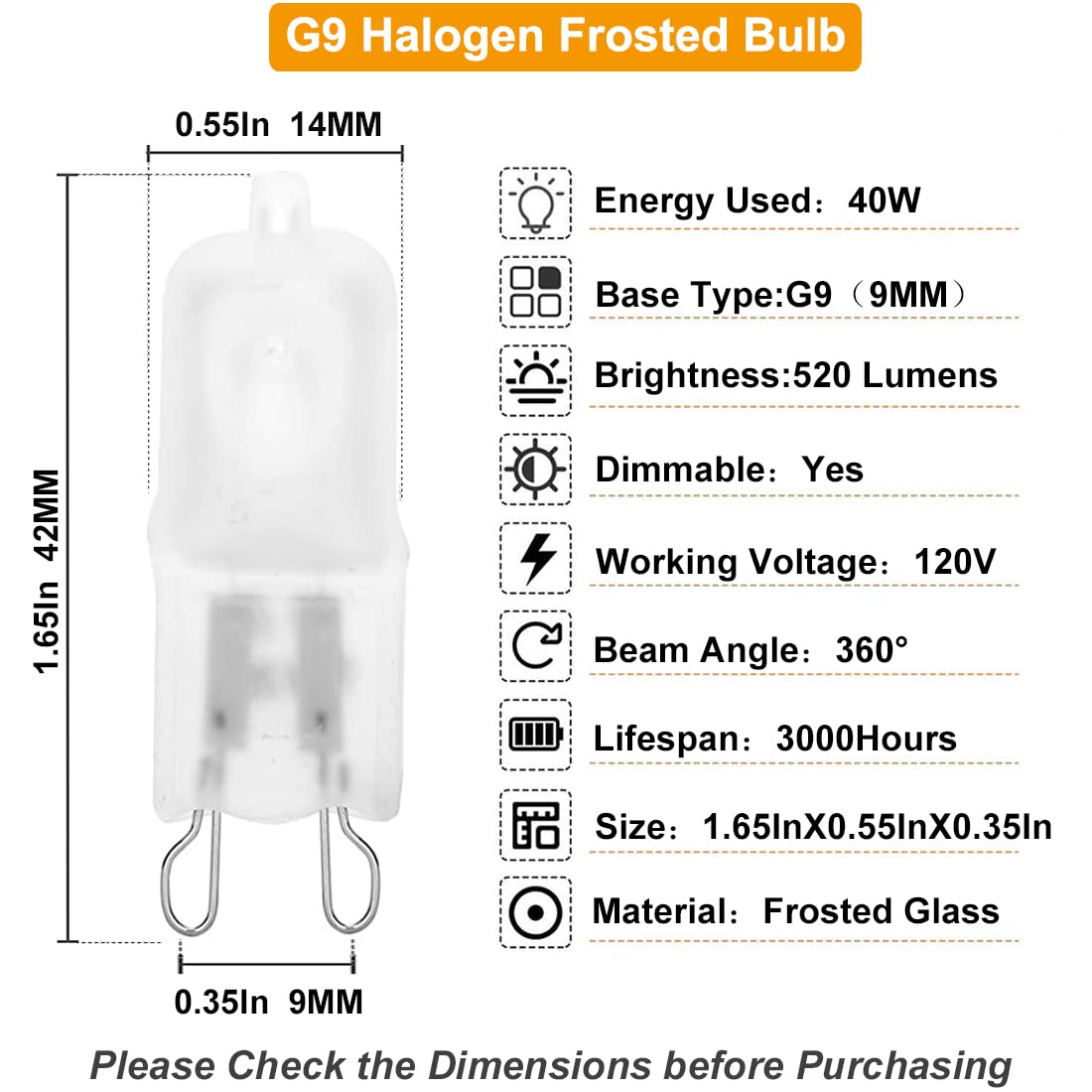Vinaco G9 Bulb 40W Halogen Light Bulbs, Warm White, 10 Pack, Frosted Glass, Dimmable, Model BULBP30