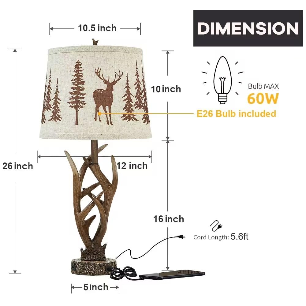 Dungoo 26&quot; Touch Control Antler Table Lamps Set Of 2, Dimmable With Usb Ports, Rustic Farmhouse Decor