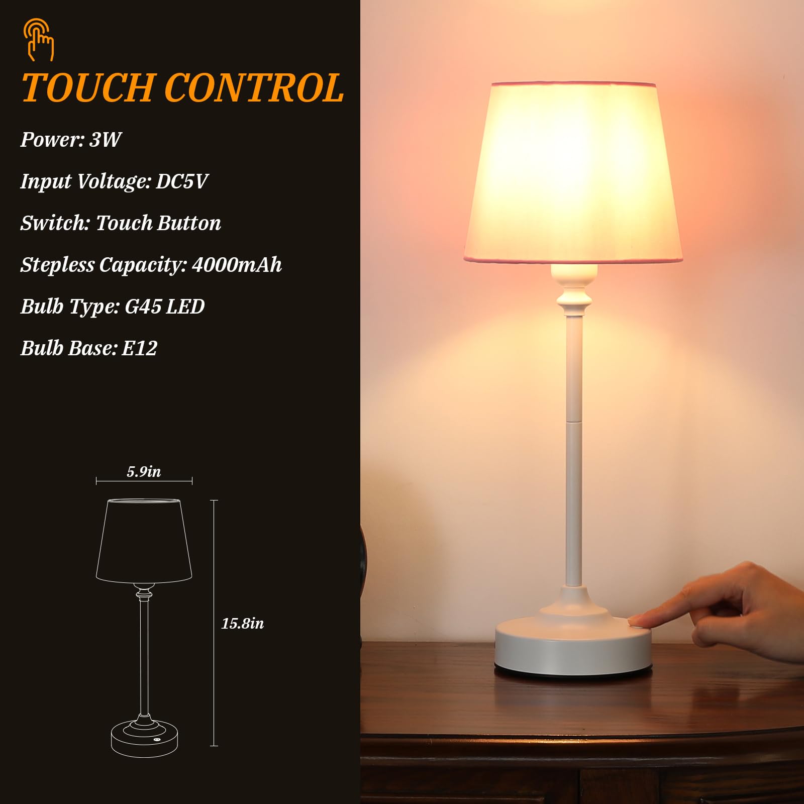 Cordless Table Lamps Rechargeable Set - 2 Pack White 4000Mah Battery Operated Lamps For Decor, 3000K Stepless Dimming Touch Cont
