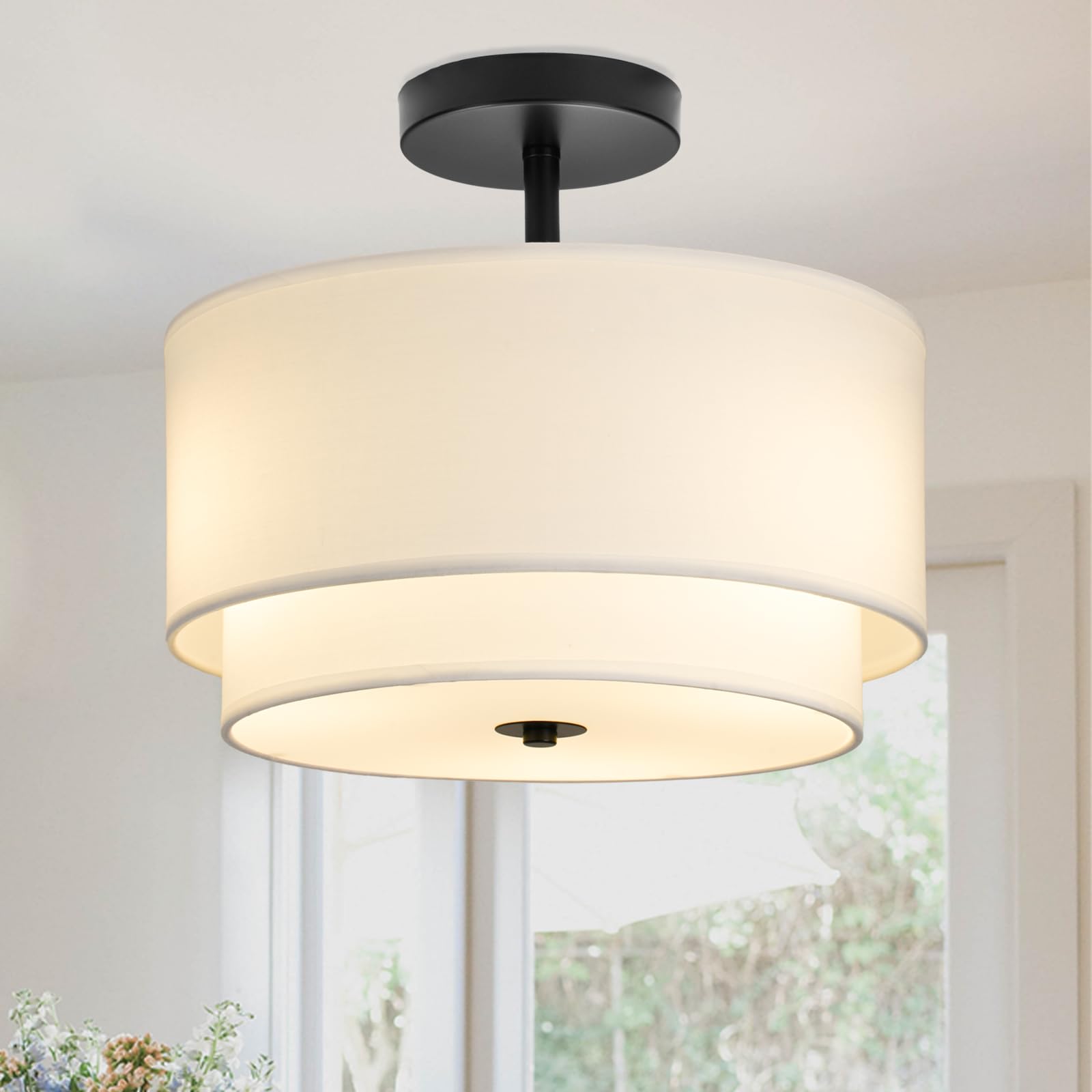 Vexagyle 3-Light Semi Flush Mount Ceiling Light Fixture,12.6inch Modern Close to Ceiling Light with 2-Layer White Drum Fabric Sh