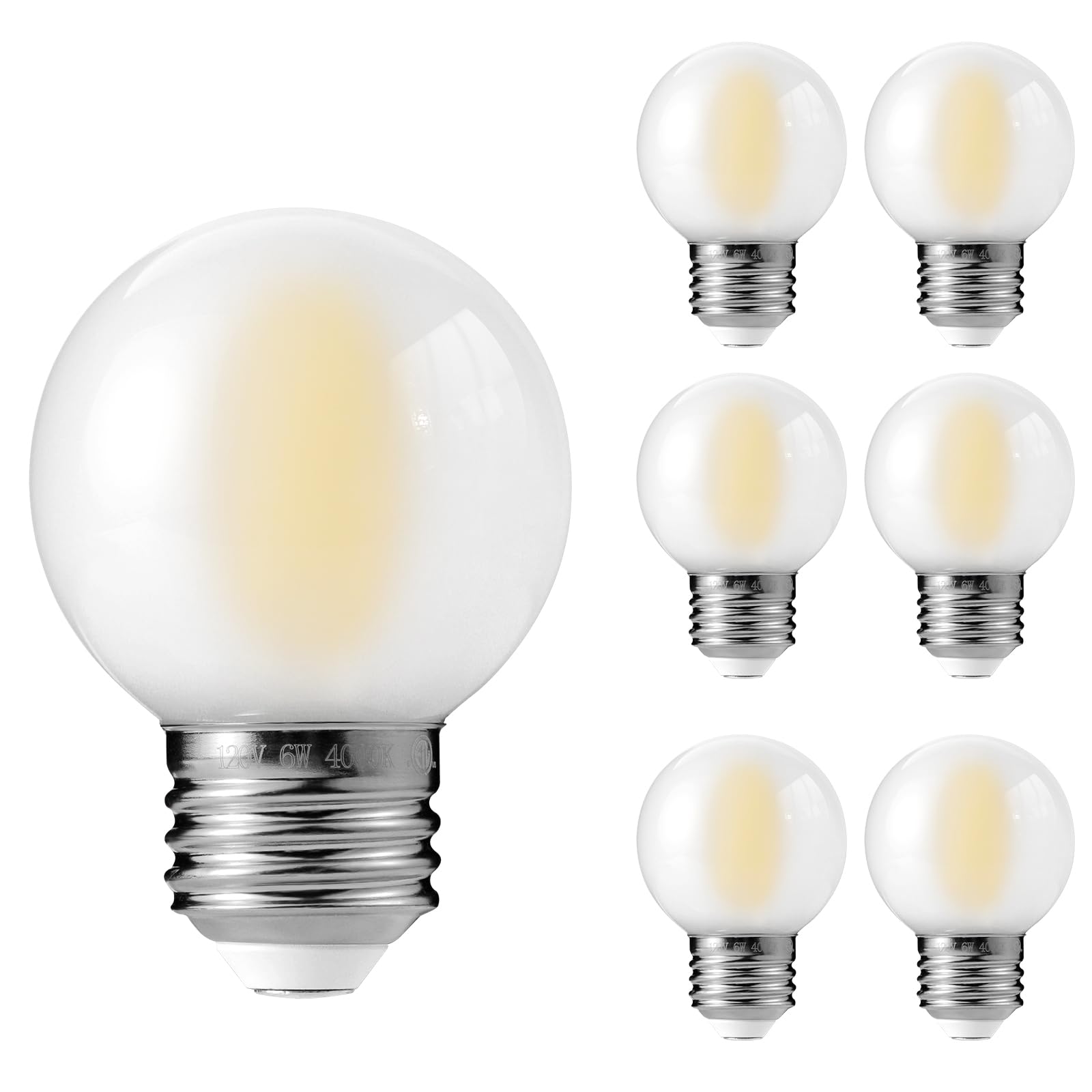 Decoaui E26 G16 Led Globe Light Bulbs  Frosted Glass  4000K Daylight White  6W(60W Equivalent)  600 Lumins  Dimmable  6Pack