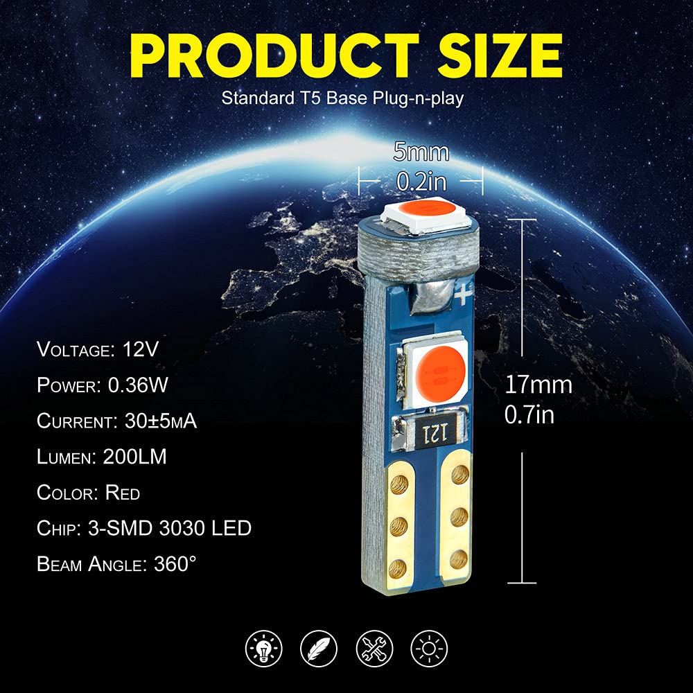 Dodofun Red T5 37 74 Led Bulb With Twist Lock Socket Pc74 Pc37 Dashboard Instrument Panel Gauge Cluster Light Pack Of 10