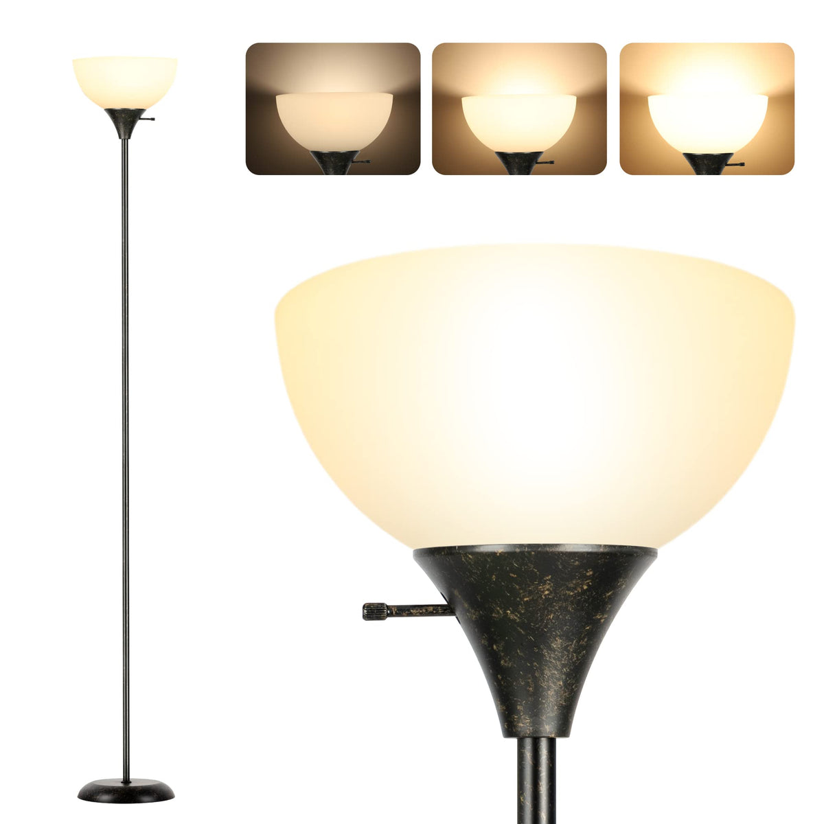 Floor Lamp, Standing Lamp With 3 Levels Dimmable Brightness, Drop-Resistant White Lampshade, Rotary Switch, Industrial Metal Flo