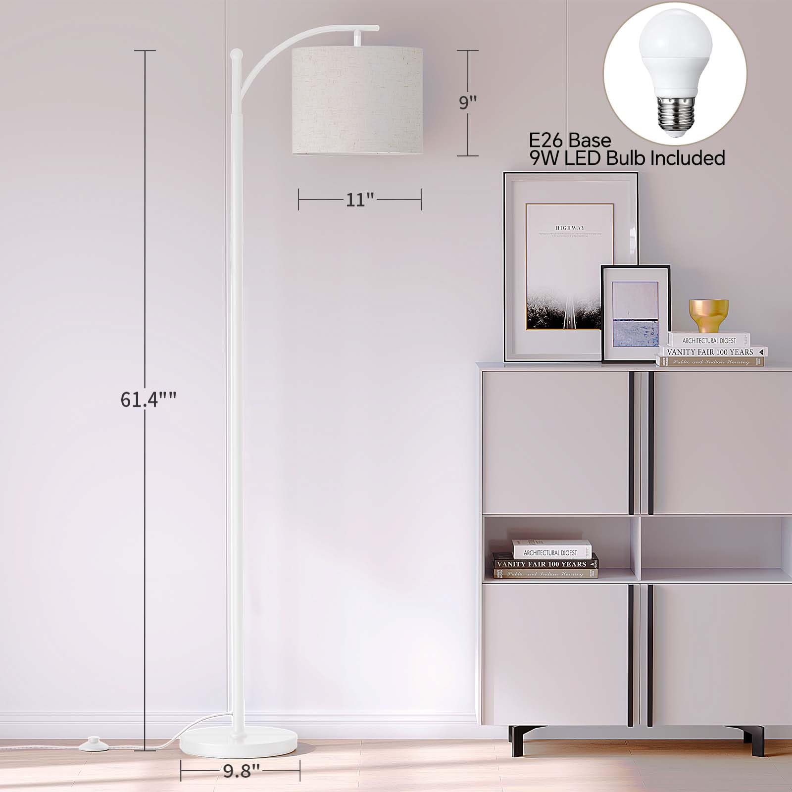 SUNMORY Arc Floor Lamp, Modern Metal Standing Lamp with 9W Bulb, Adjustable Lampshade, White, Model MF18166A