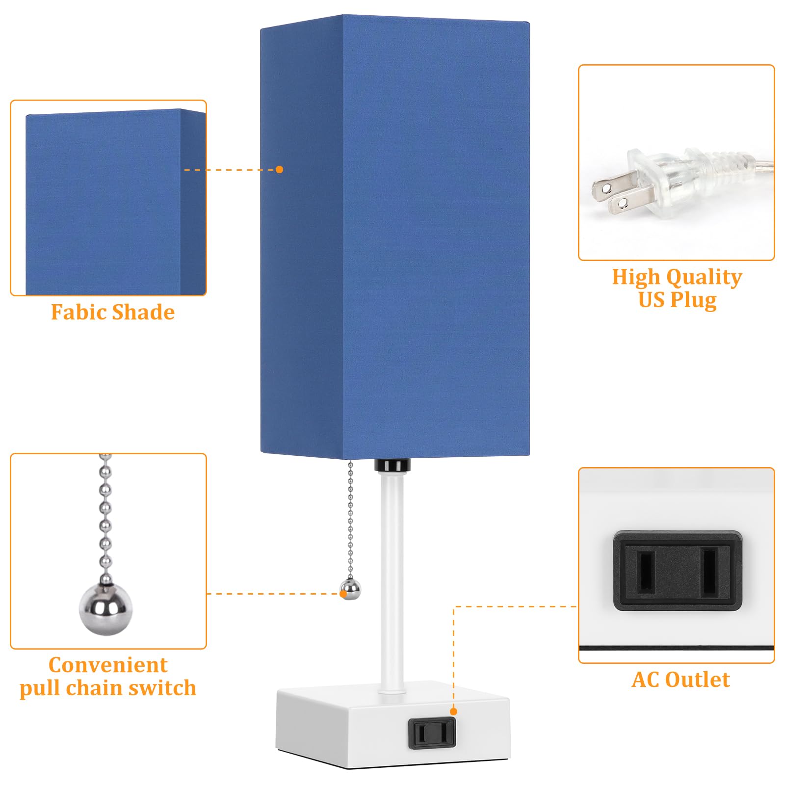 Dott Arts Table Lamp Set of 2, 15inch Metal 3-Color Bedside Lamps with Pull Chain, White-Blue, Model PTL6W-012