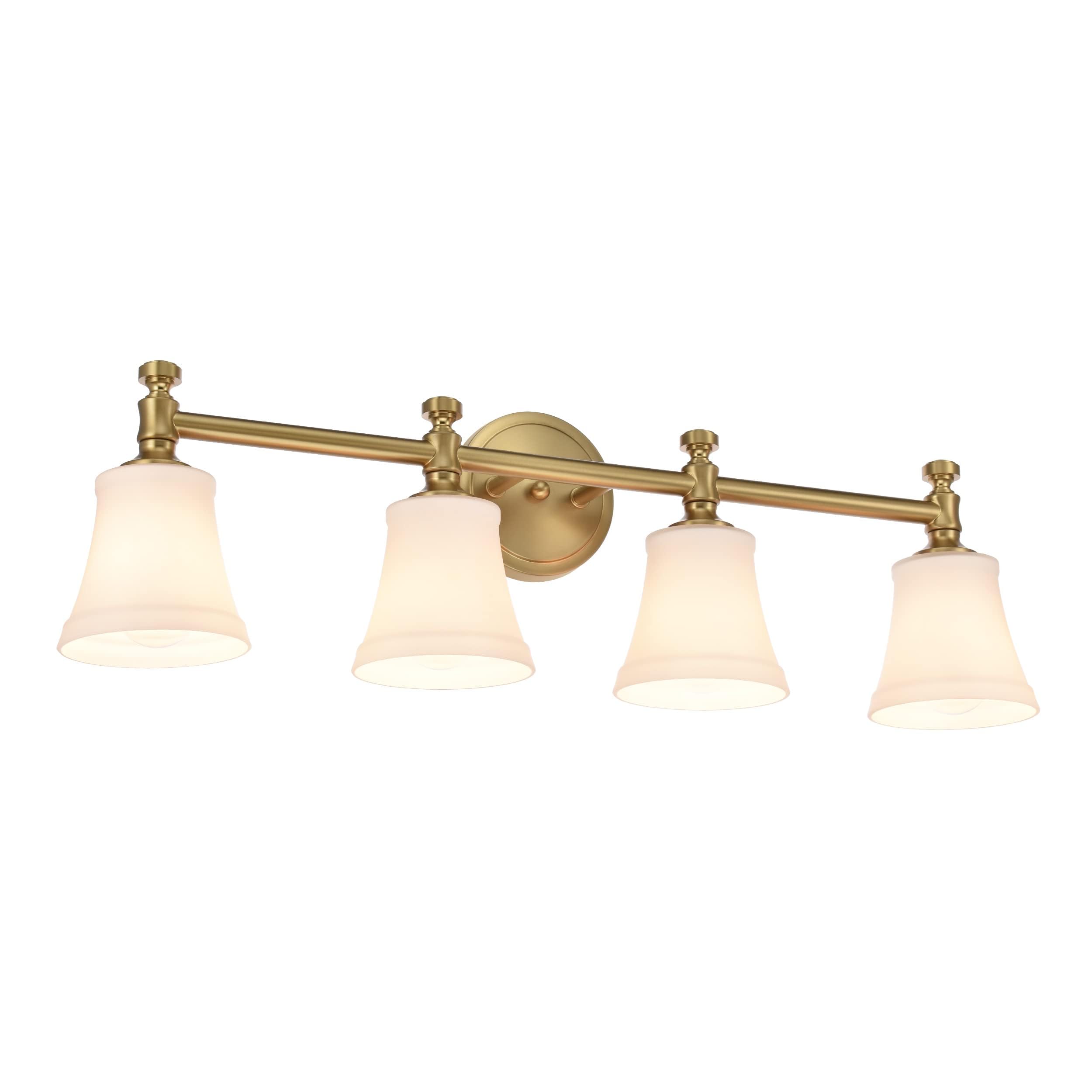 Hanaloa Bathroom Vanity Light Fixtures, Traditional Aged Brass 4 Lights Wall Sconce Lighting With Opal Glass Shade, Porch Wall Mount Light Fixture For Bathroom, Mirror Cabinets Hallway Stairs