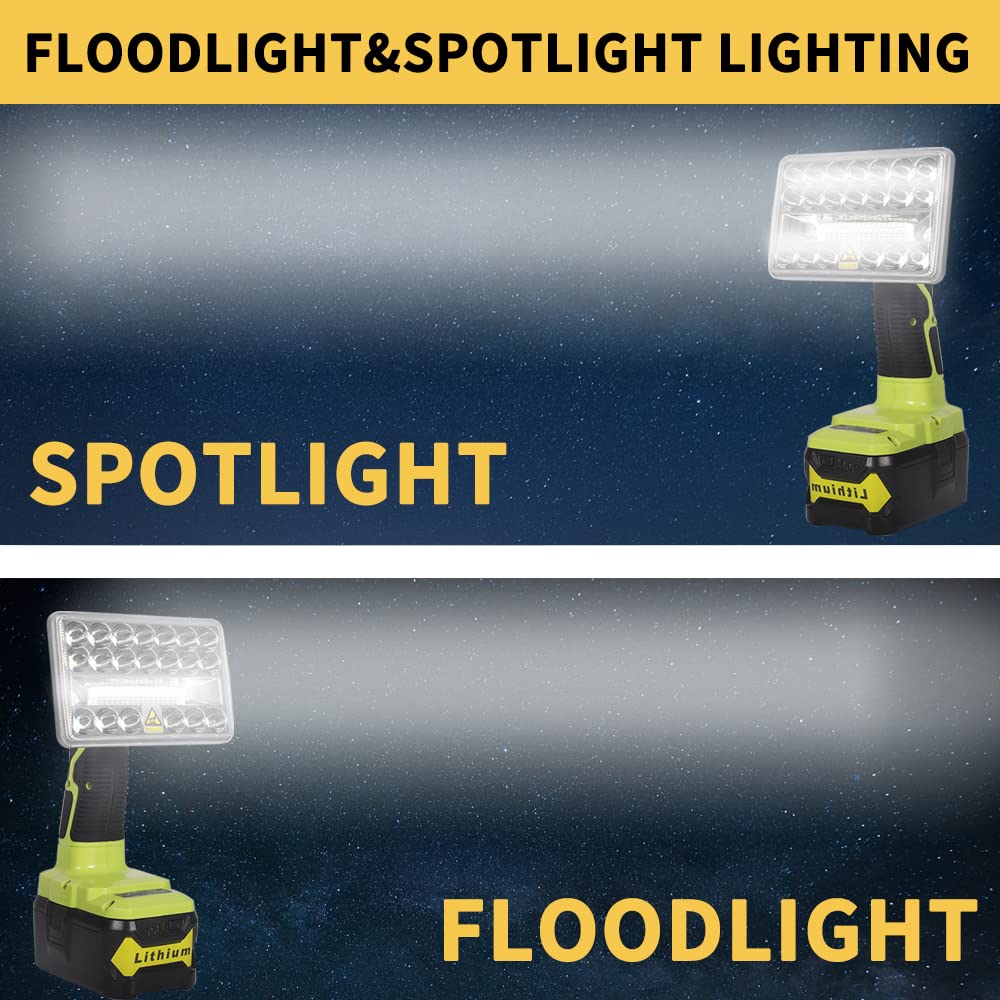 Dteztech 18W Led Work Light For Ryobi One+ 18V Li-Ion Ni-Cad Ni-Mh Battery, 2000Lm Zinc Alloy Flashlight Spotlight With 3 Light
